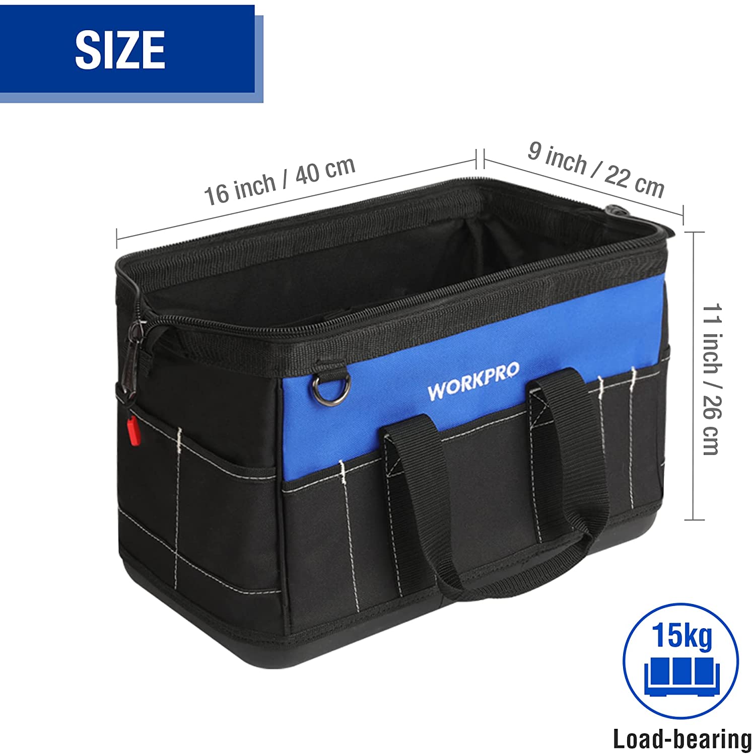 16-inch wide mouth tool bag, black and blue, molded base and multiple exterior pockets