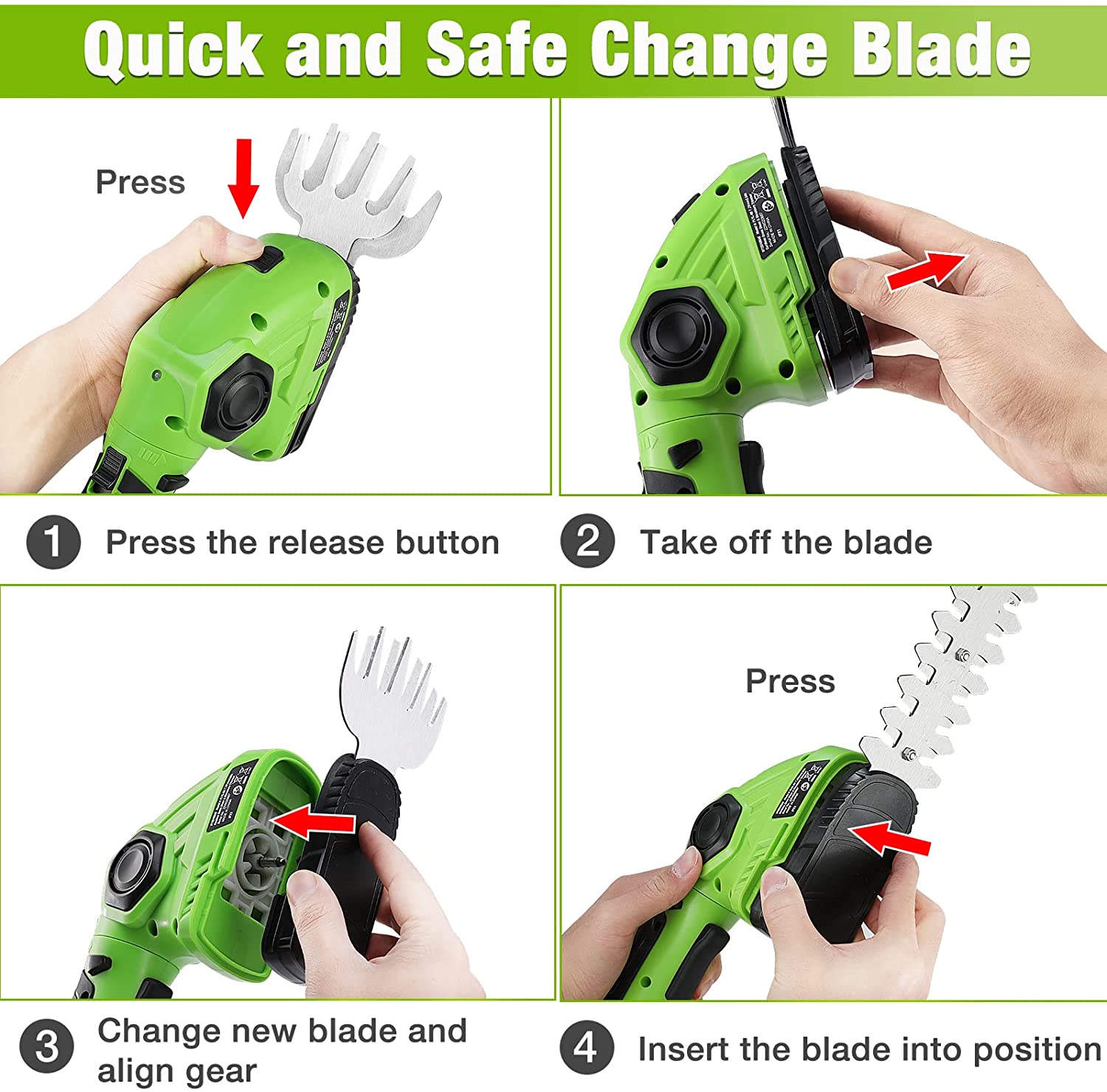 Green cordless trimmer demonstrating quick blade change using release button and new blade