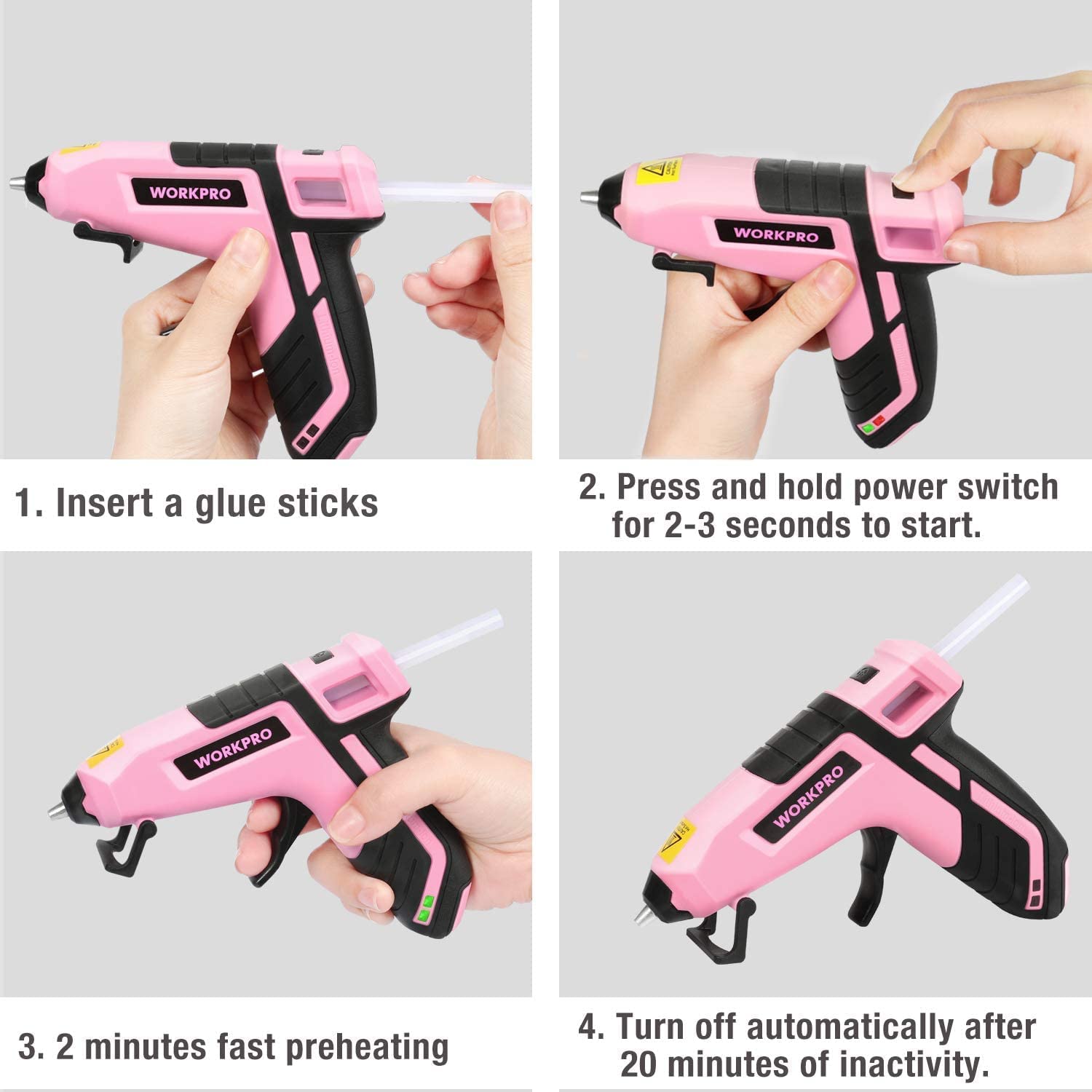 Pink mini cordless glue gun with trigger and power switch; hands inserting glue stick