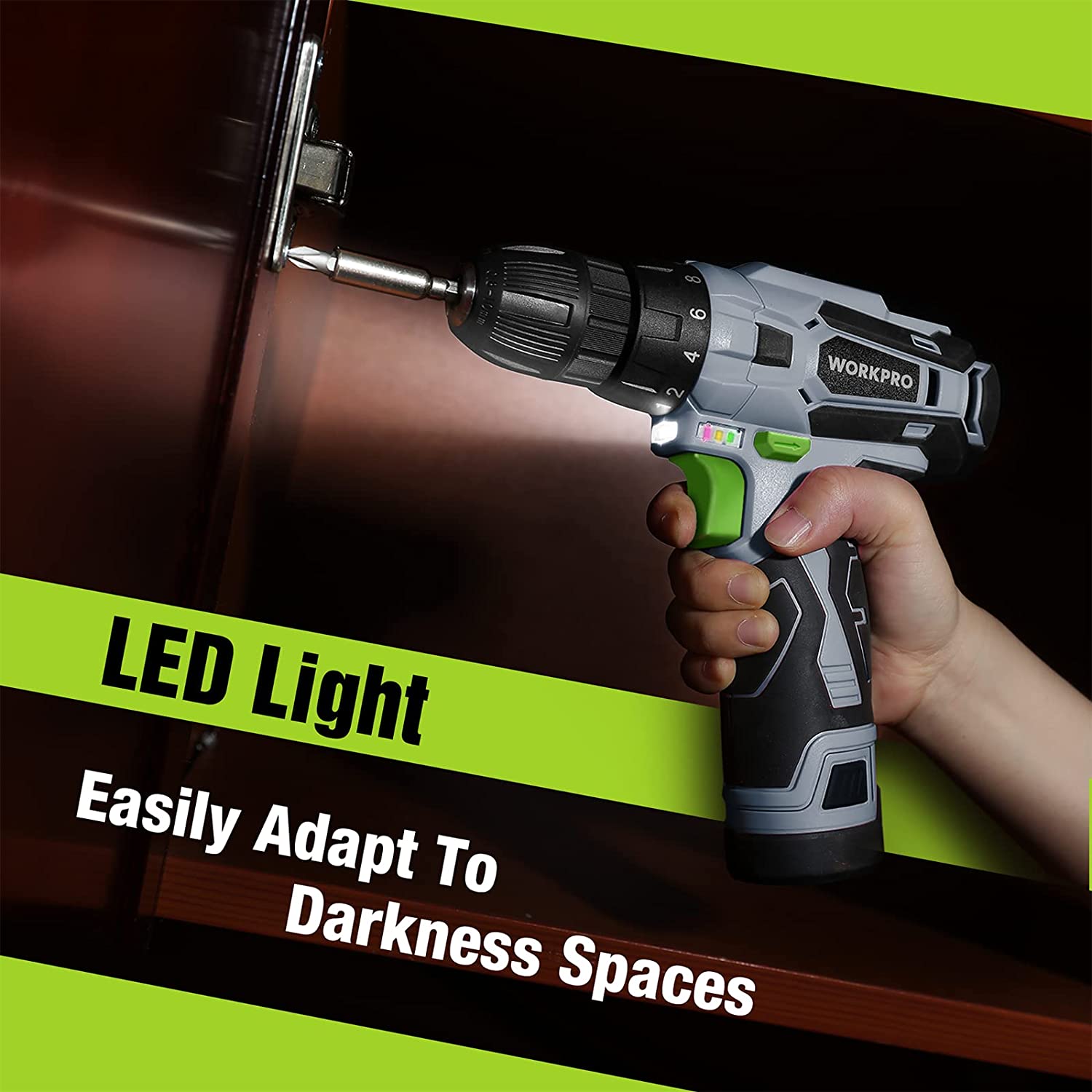 Cordless drill driver with built-in LED light and dark chuck ring