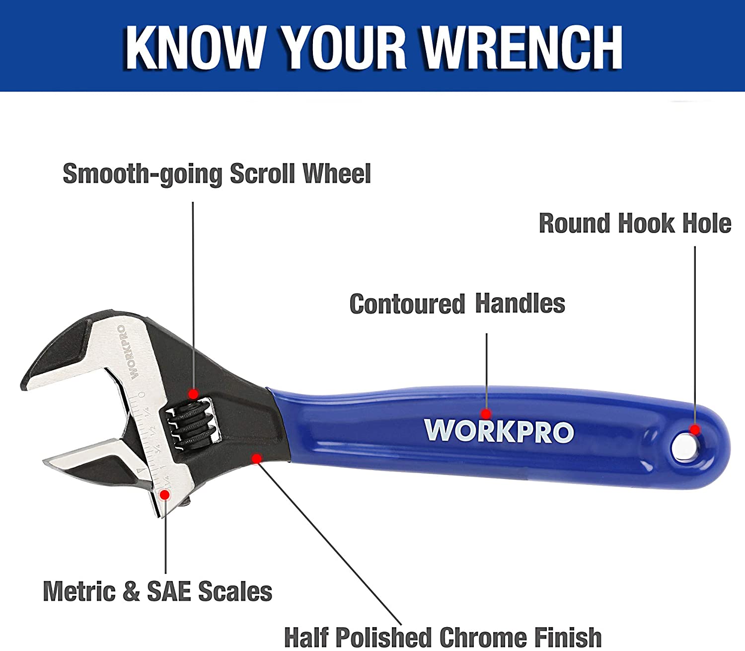 Adjustable wrench with blue handle, black jaws, contoured grip, and chrome finish