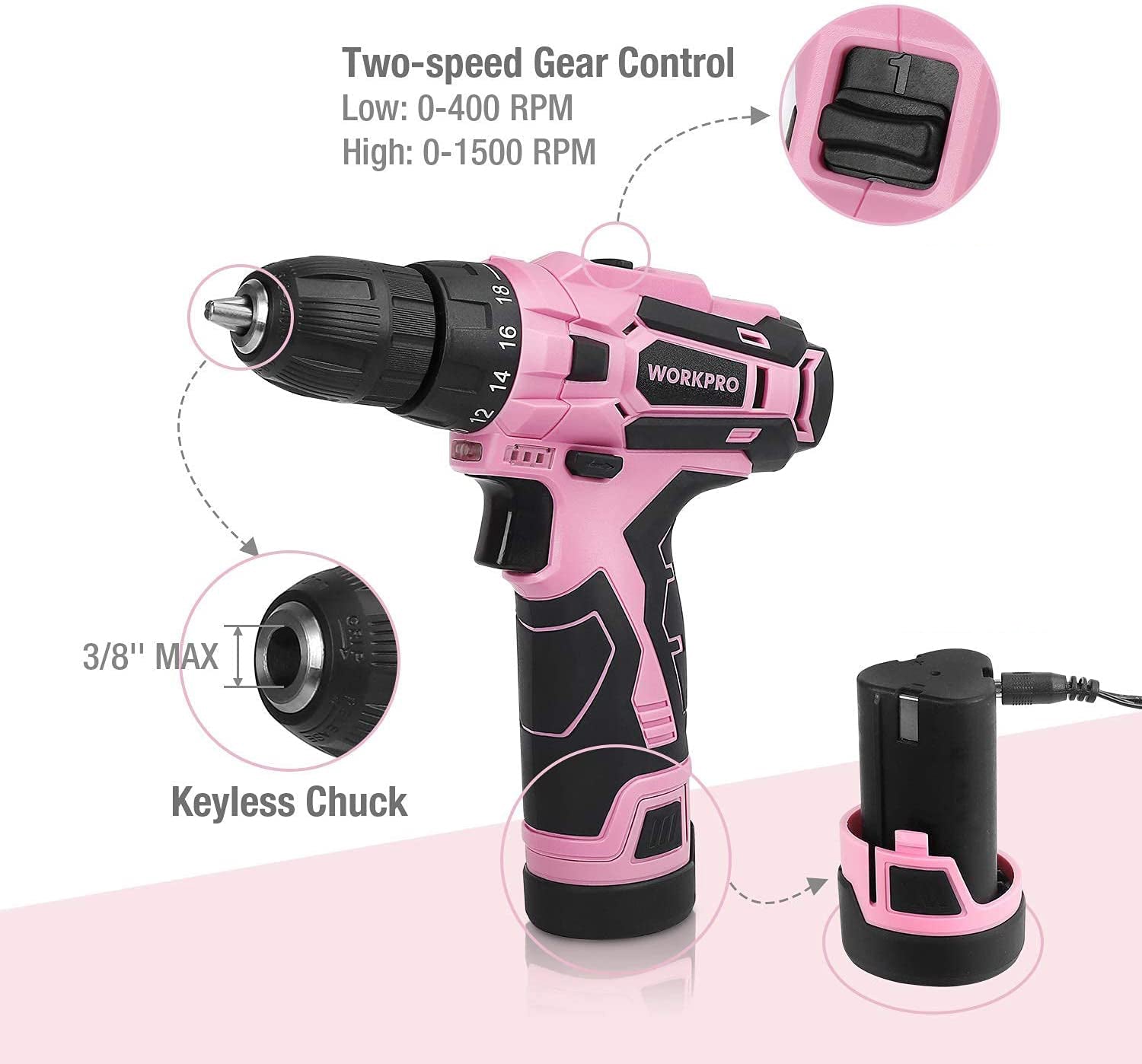 Pink cordless drill driver with keyless chuck and 2-speed gear control