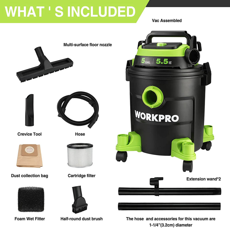 WORKPRO 5 Gallon Shop Vacuum, 5.5 Peak Horsepower Shop-Vac Cleaner with HEPA Filter, Hose, and Accessories