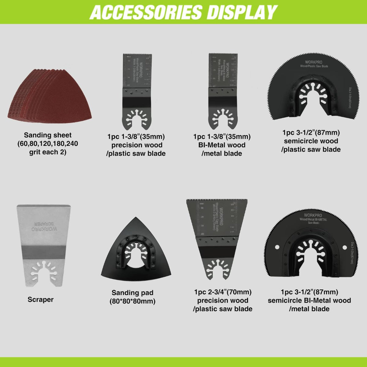Oscillating tool accessories set shown with sanding sheets, scraper, and blades