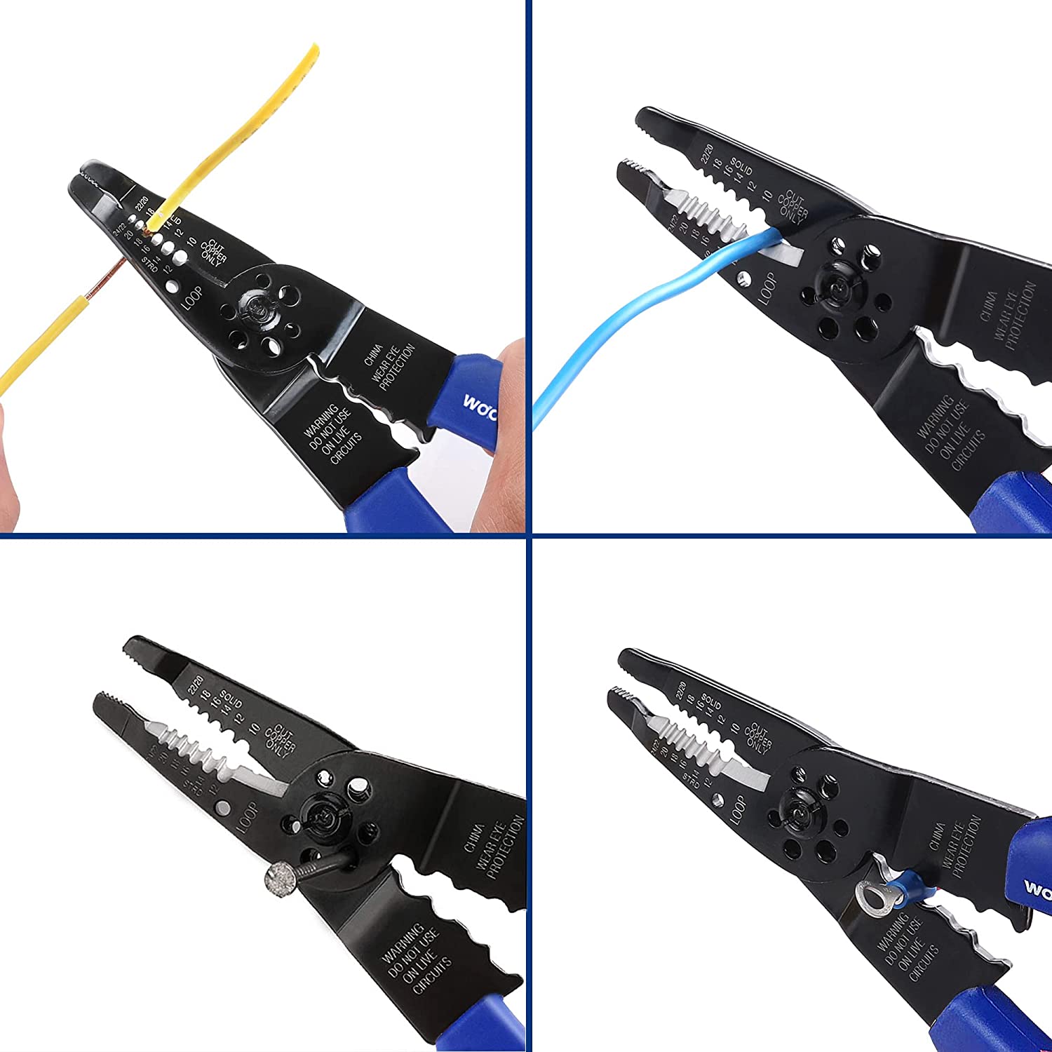 Wire stripper pliers showing stripping and cutting notches on the jaws