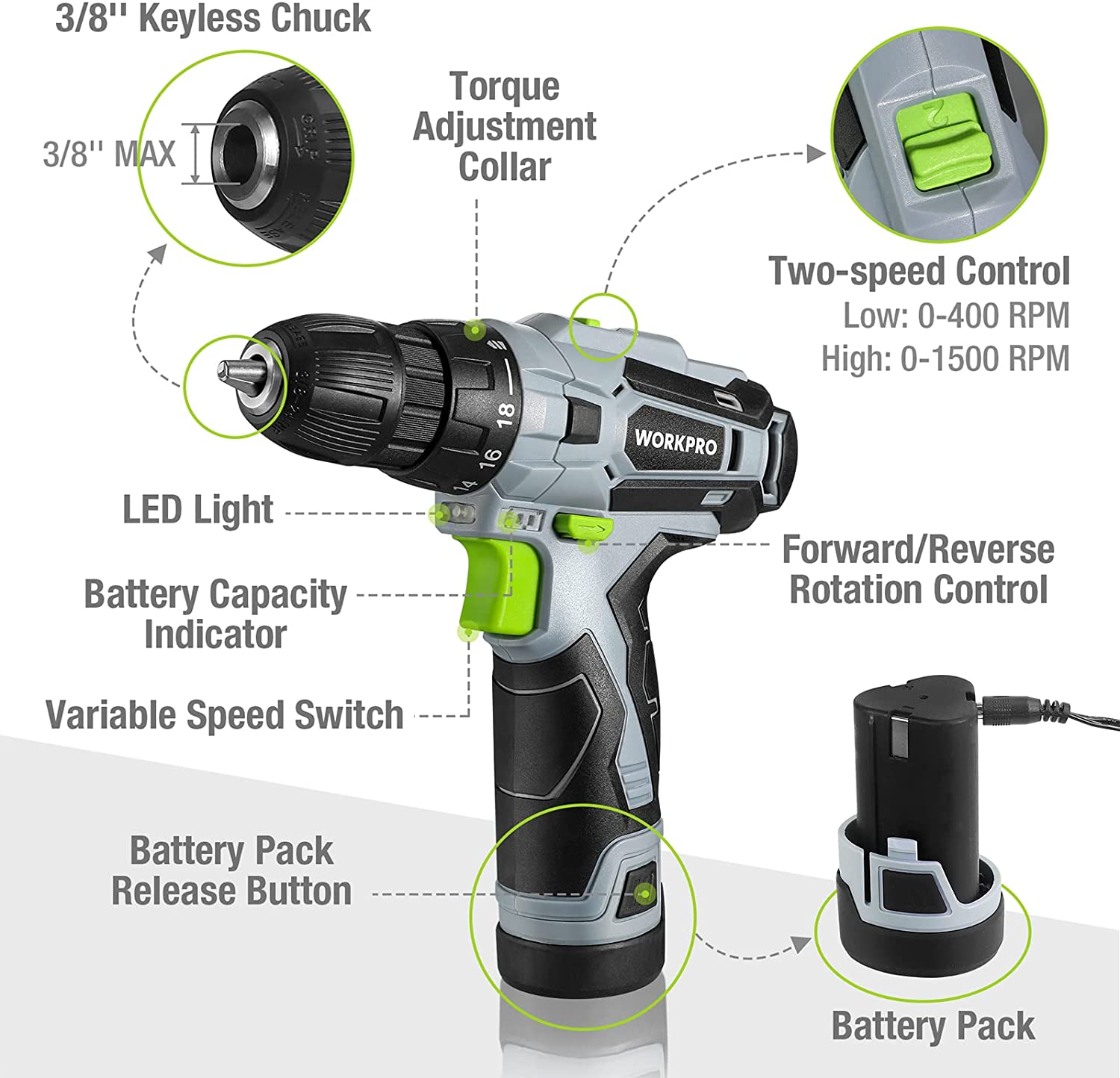 Gray cordless drill driver with keyless chuck, torque collar, and two-speed control