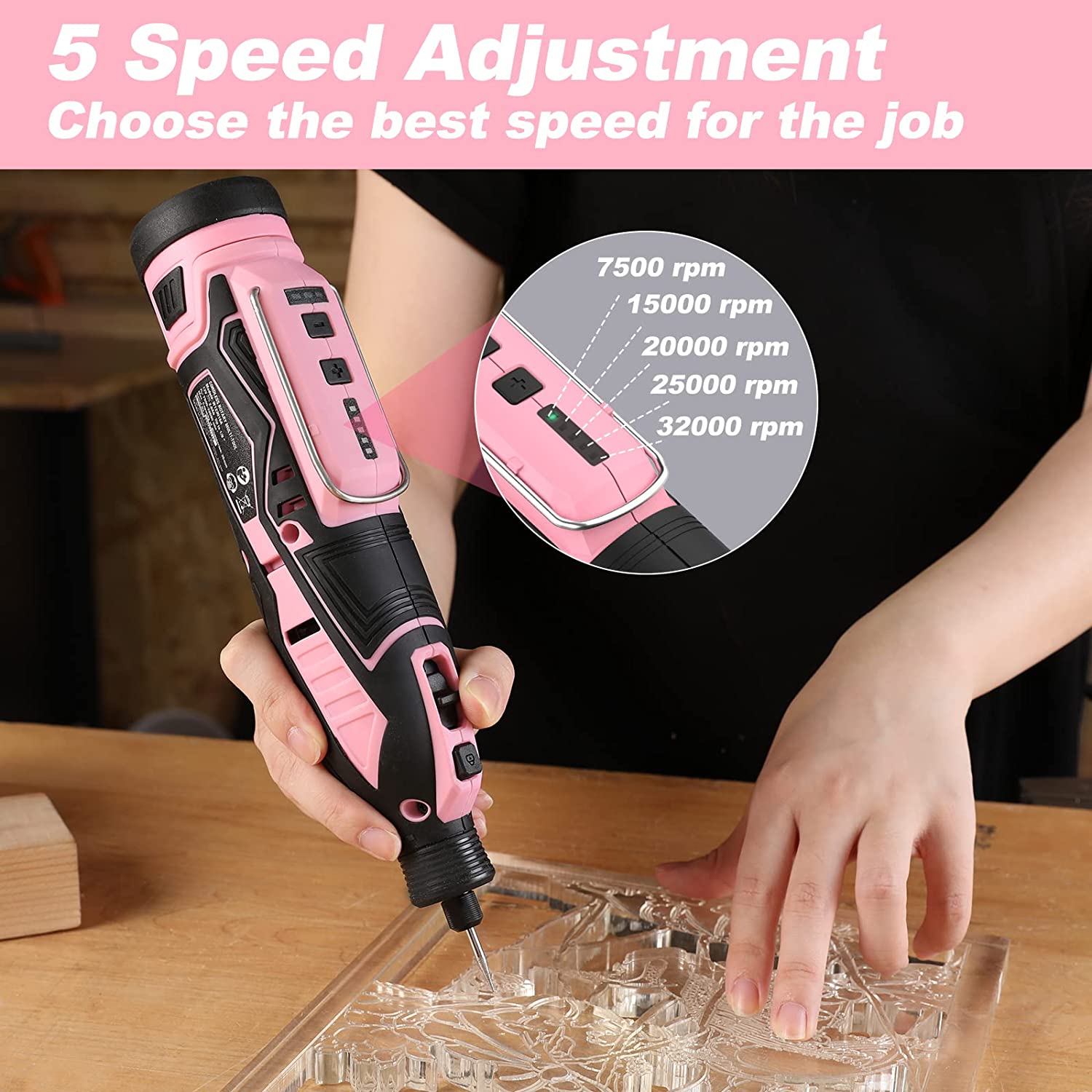 Pink cordless rotary tool with speed adjustment dial and RPM speed chart
