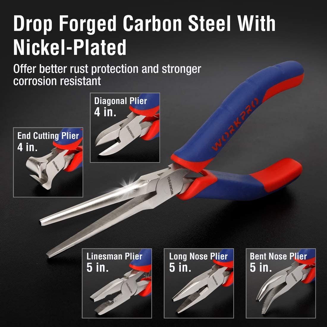 Mini pliers set with blue and red insulated handles, six pieces