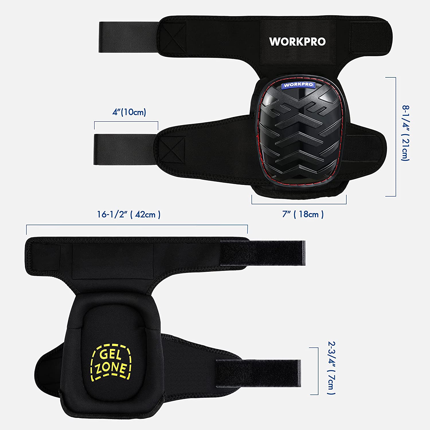 Black gel knee pad with two adjustable straps and marked gel zone area