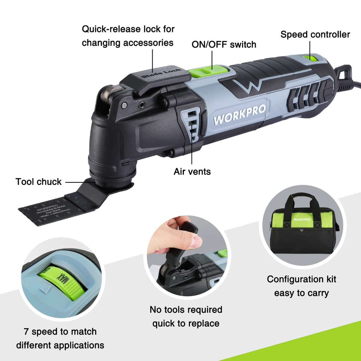 Corded oscillating multi-tool with switch, speed controller, and air vents