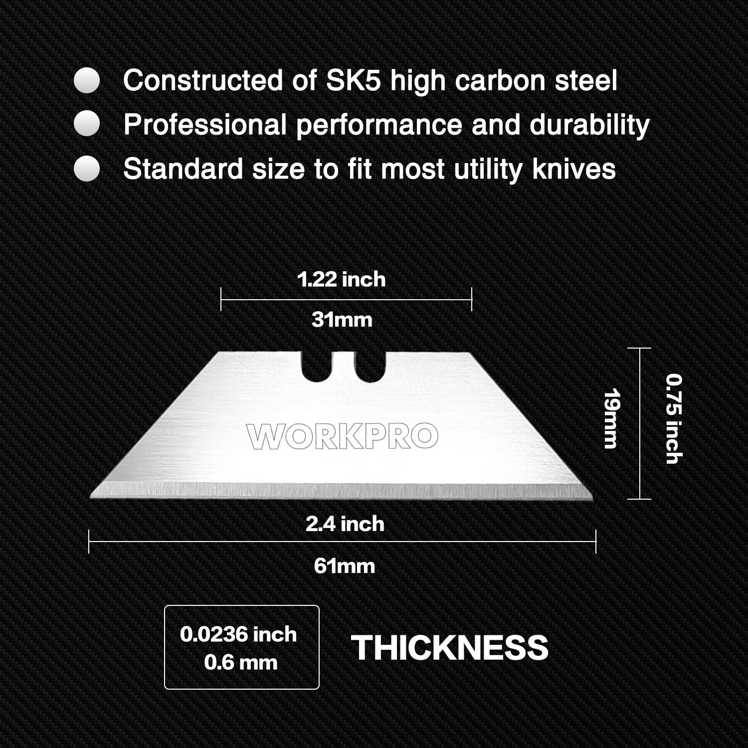 Utility knife blades with 1.22 in length and 0.6 mm thickness, measurement diagram