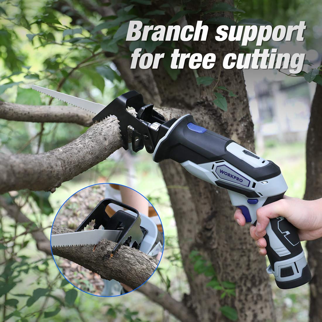 WORKPRO 12V cordless reciprocating saw cutting a tree branch with clamping jaw
