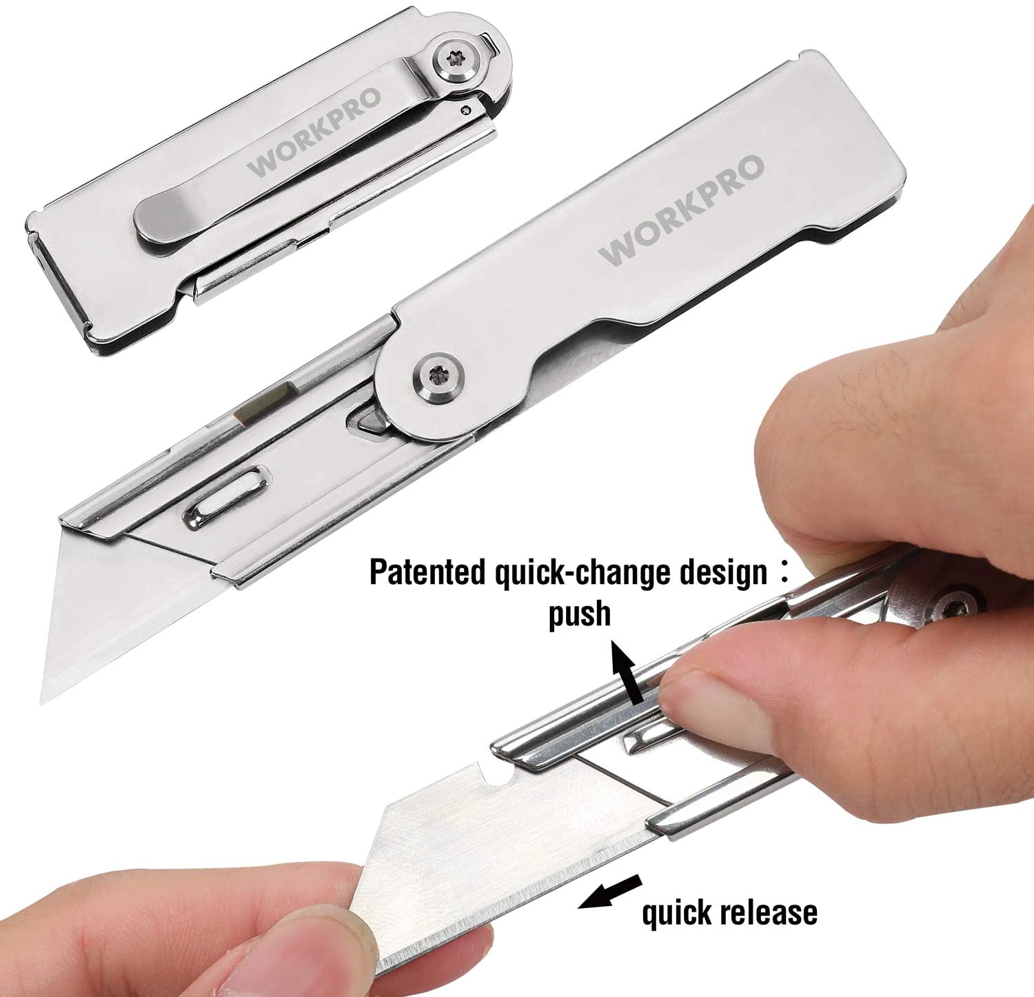 WORKPRO folding pocket utility knife set in silver with innovation quick change mechanism and secure pocket carry