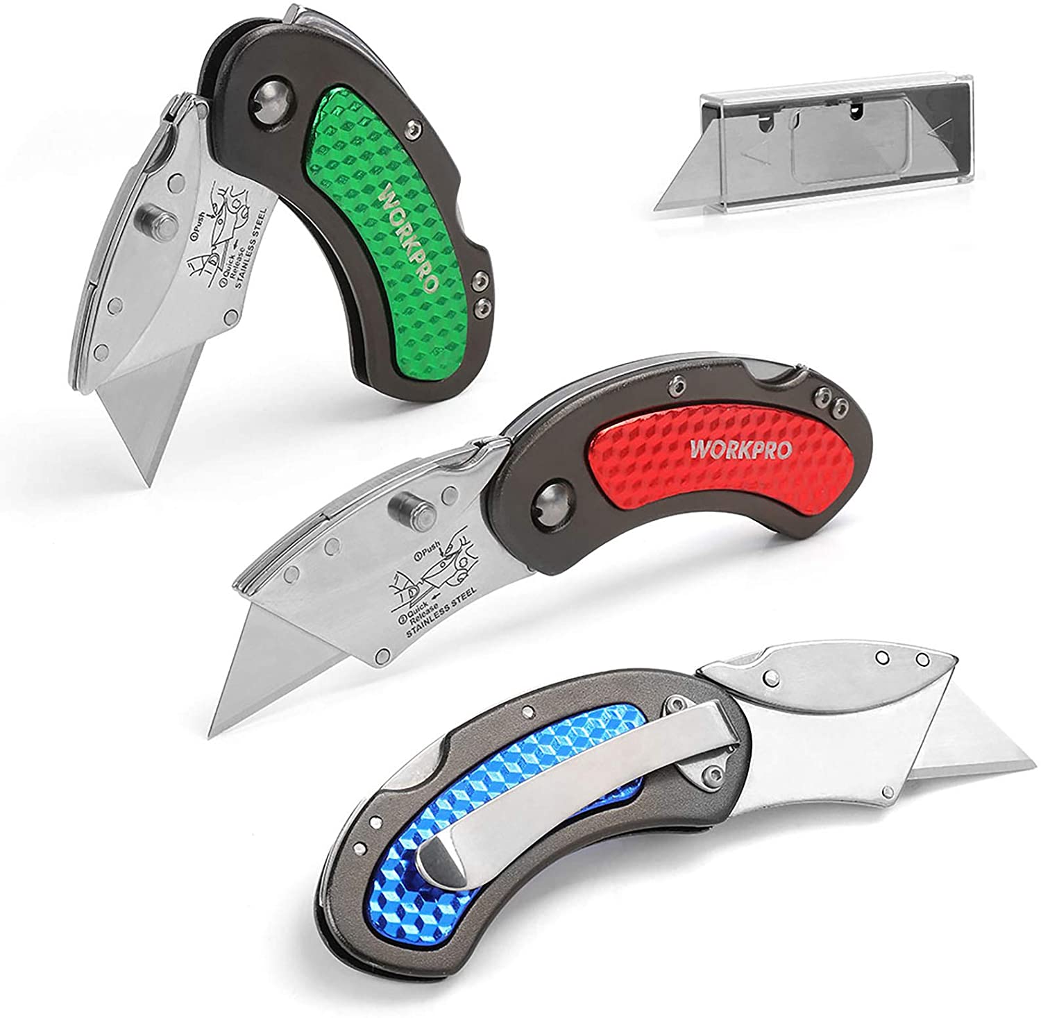 Folding utility knives with triangular snap blades, textured red/blue/green handle grips