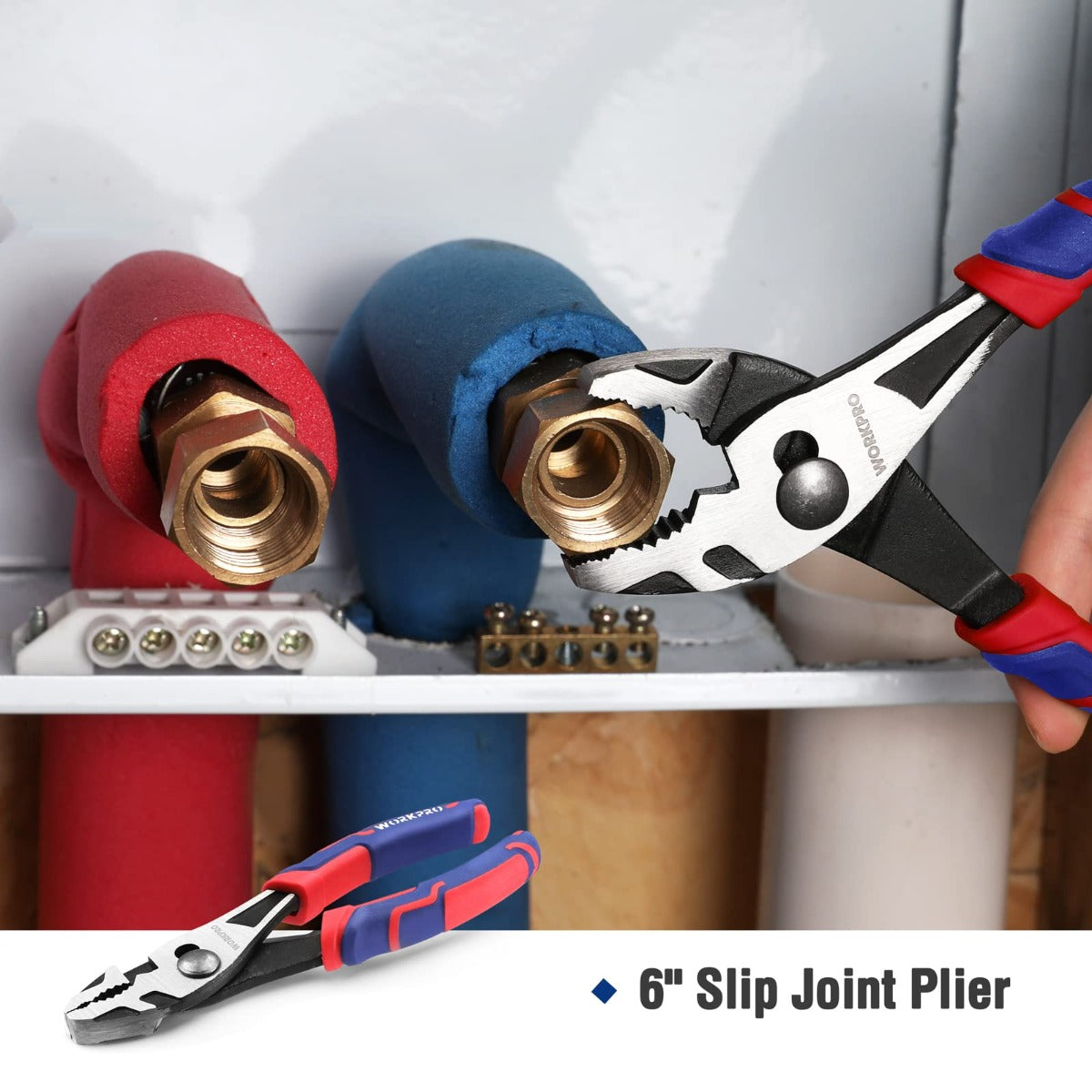 6-inch slip joint plier with black-and-red grip, brass fittings in a tool tray