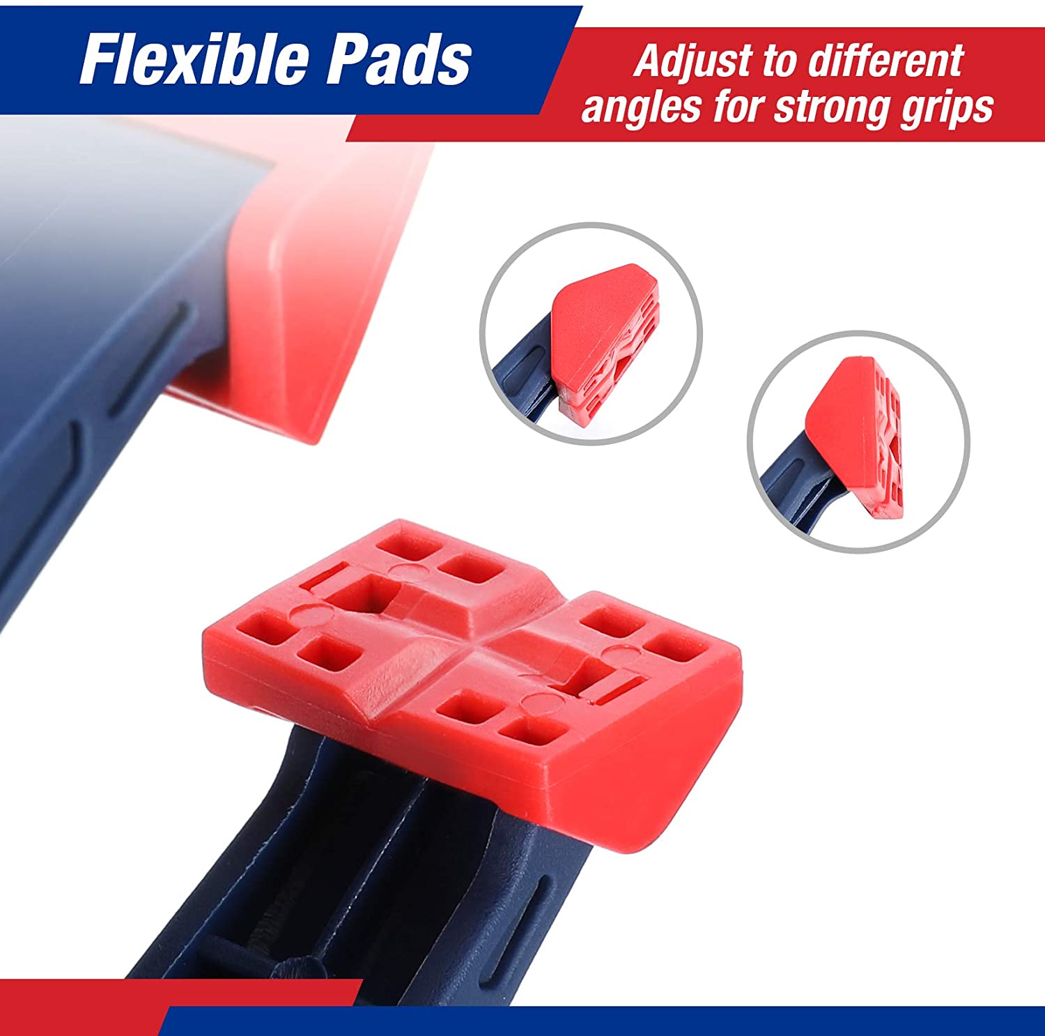 Blue spring clamp with red flexible pad for angled strorage grips