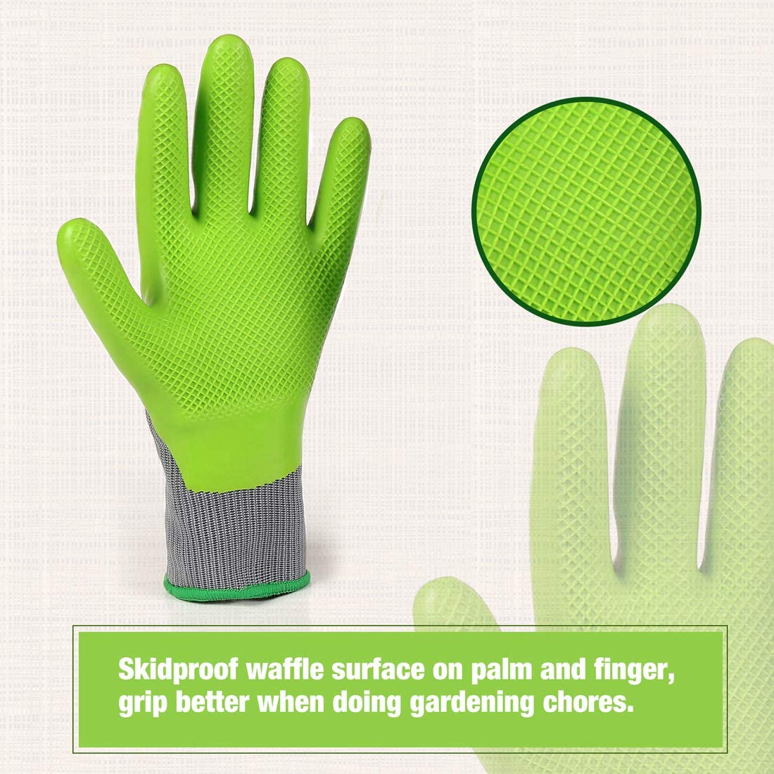 Green latex work glove palm and fingers over gray knit cuff