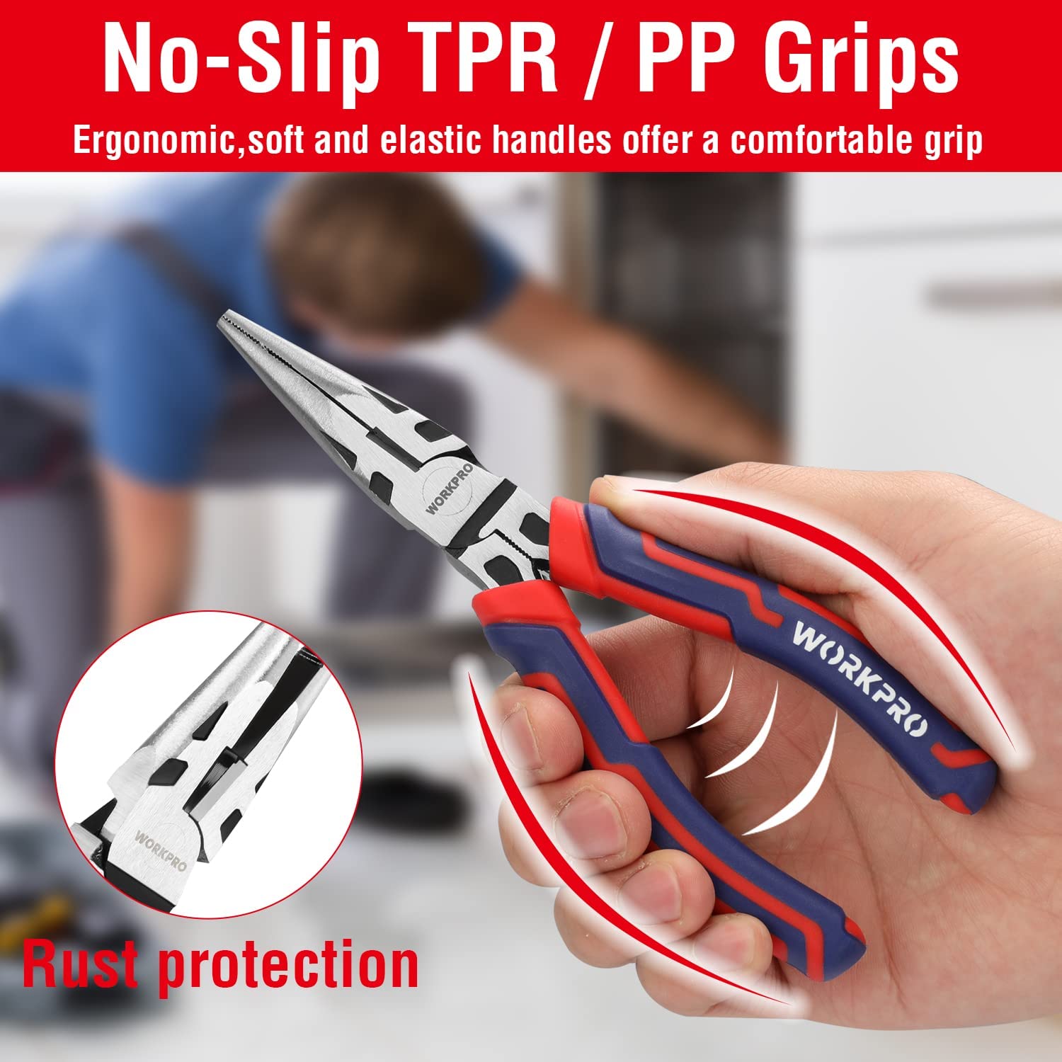 Long-nose pliers with red-and-blue ergonomic handle; close-up grip with cutting jaws