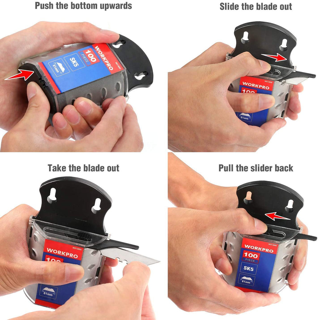 WORKPRO 100 Pcs Utility Knife Blades SK5 Steel with Dispenser