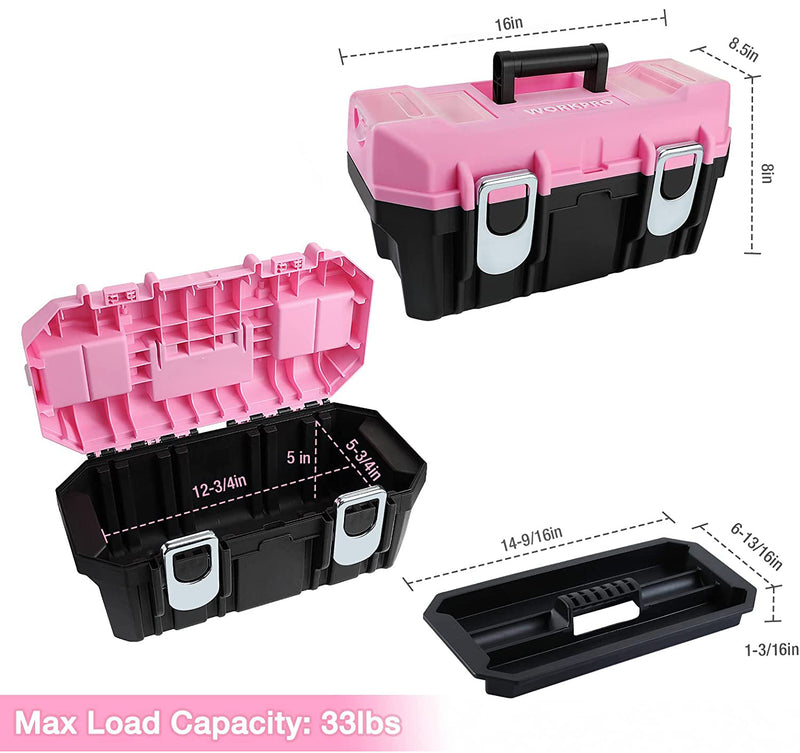 WORKPRO 16-inch Tool Box, Pink Plastic Toolbox with Metal Latch and Removable Tray