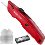 Red retractable utility knife with extended blade and extra blade storage case