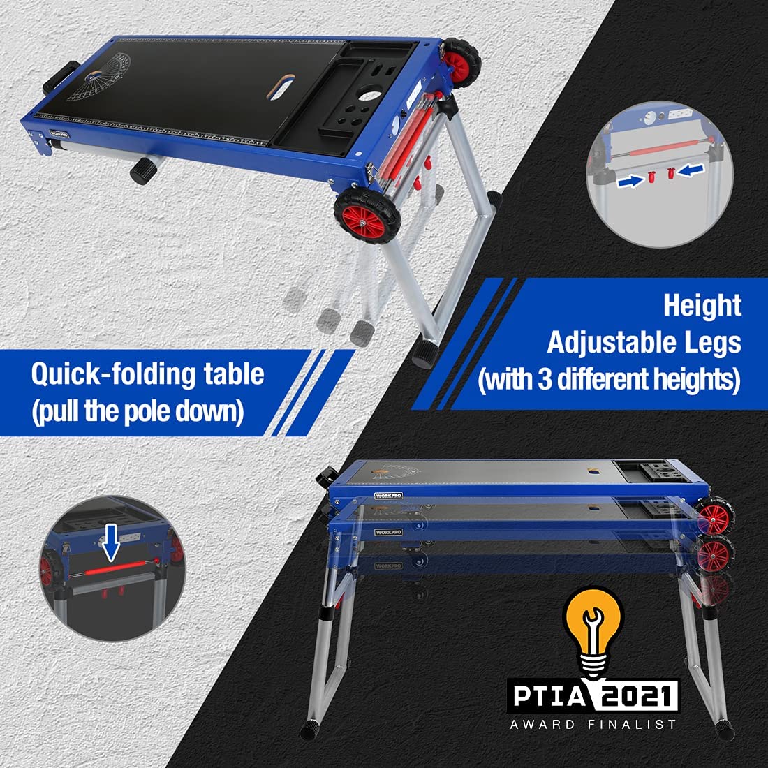 Blue folding miter saw stand with height-adjustable legs and red wheel casters