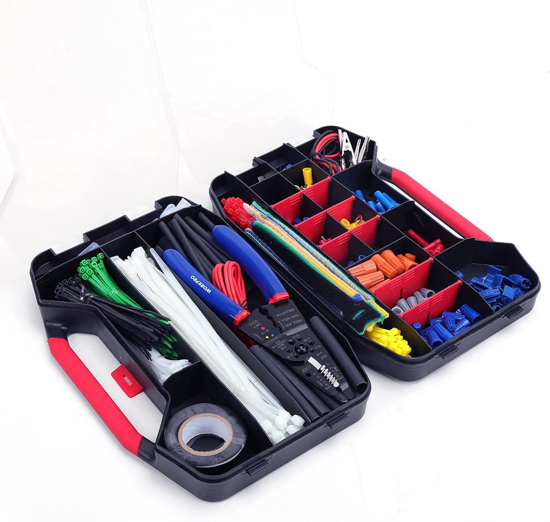Crimp terminal and heat-shrink wire connector repair kit with tools in a black storage case.