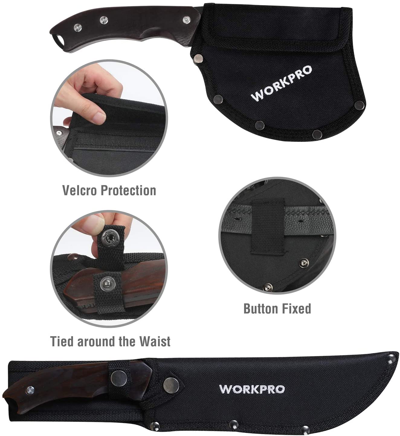 Fixed-blade knife with black nylon sheath, Velcro protection, and button fastener