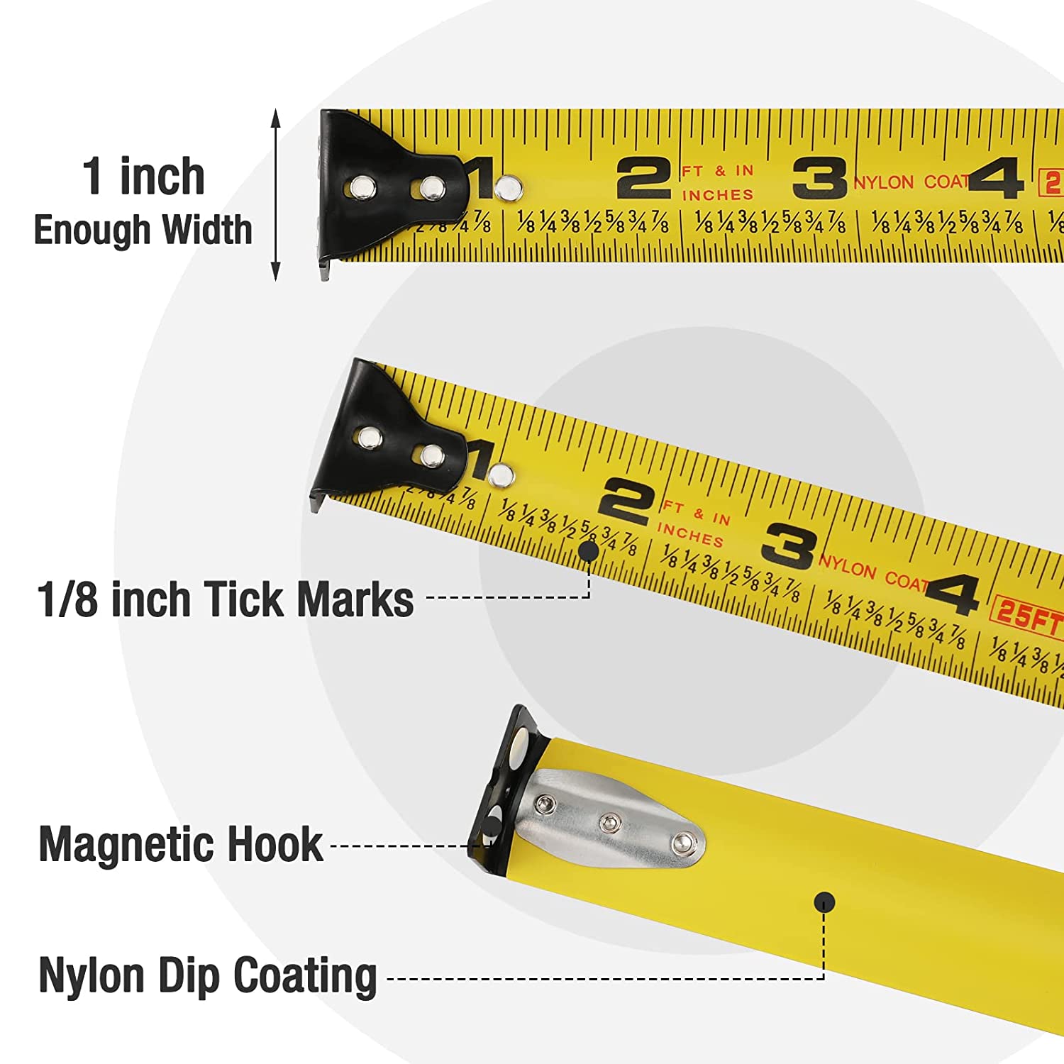 Yellow nylon-coated tape blade with inch marks and wide metal hook