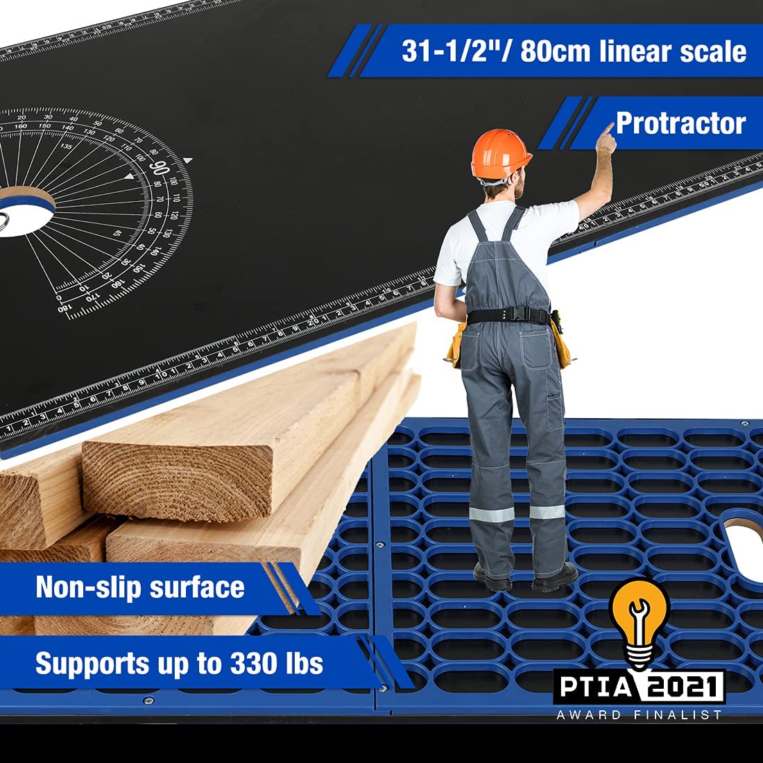 Miter saw accessory table with blue fence and adjustable measuring scale markings