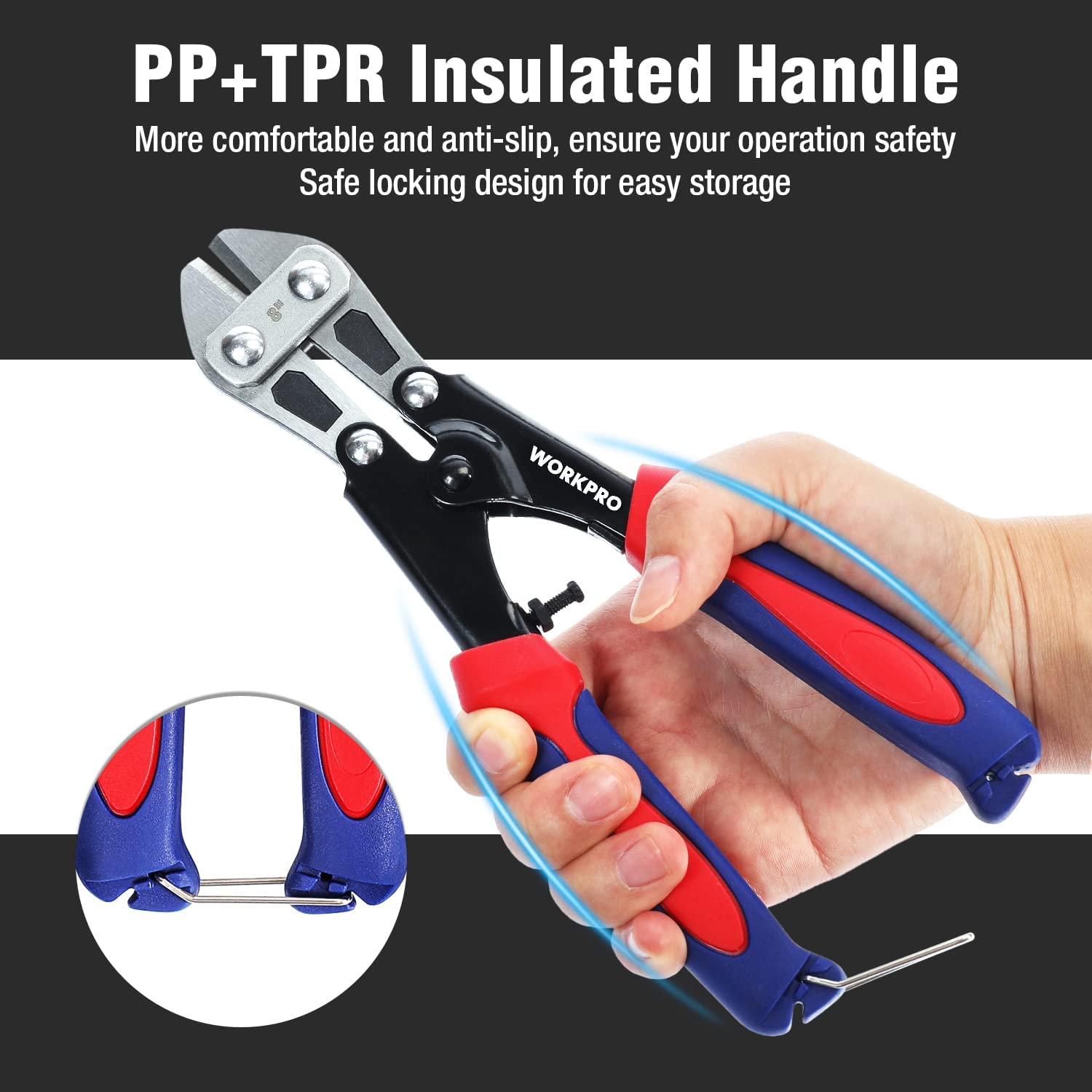 Mini bolt cutter with PP+TPR insulated handle grips in blue and red, storage latch