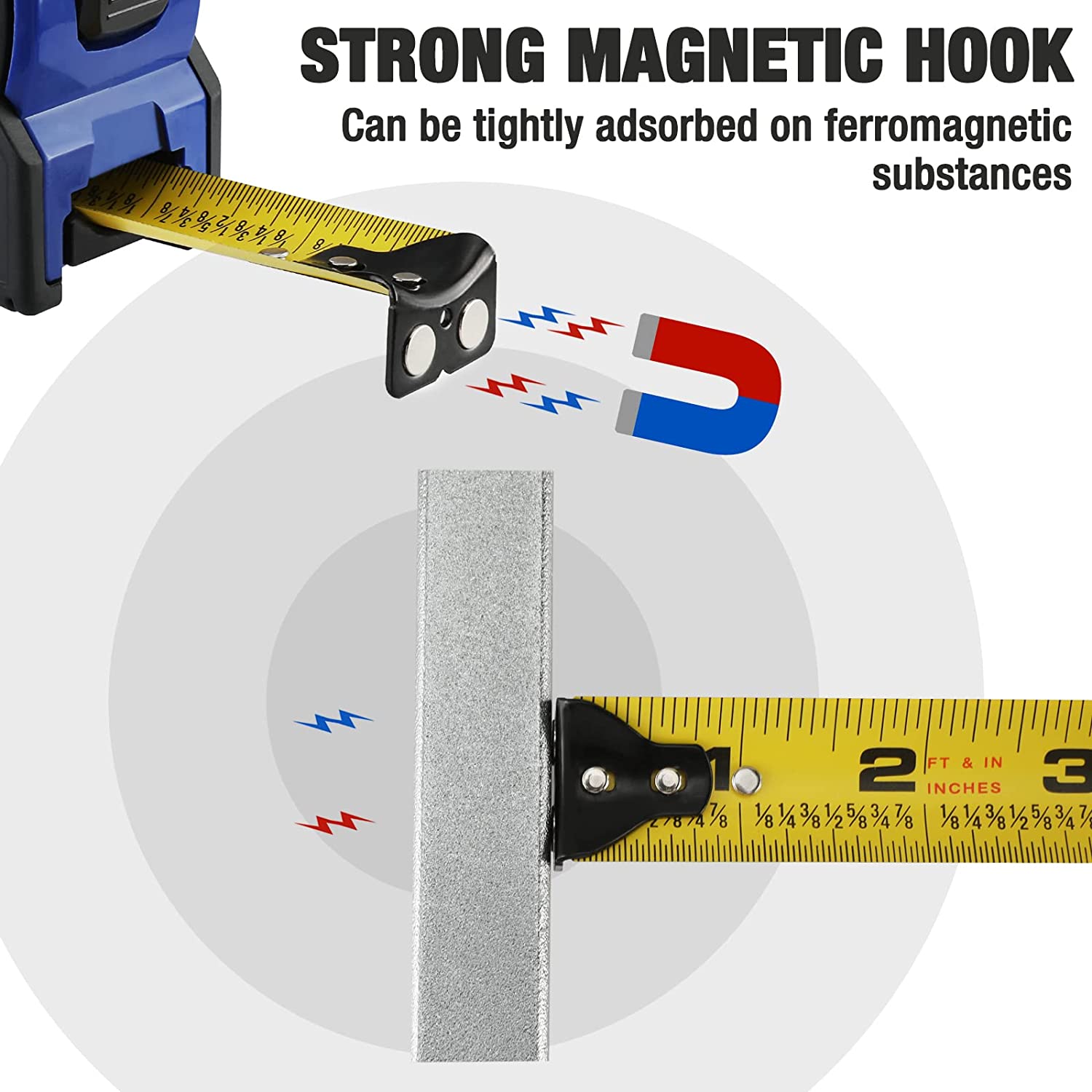 Retractable tape measure with strong magnetic hook attached to a metal surface
