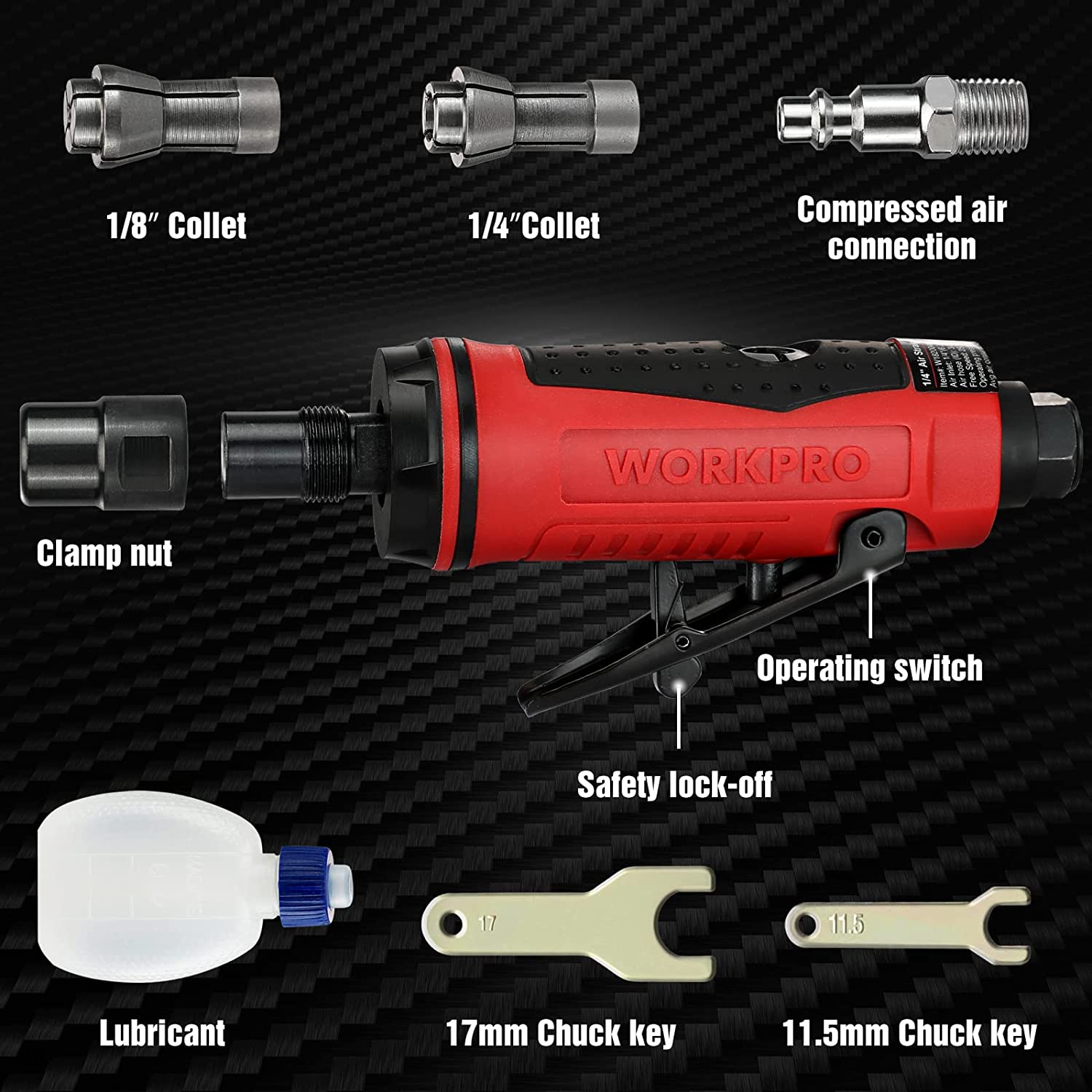 Red pneumatic die grinder with included collets, air connection parts, clamp nut, lubricant