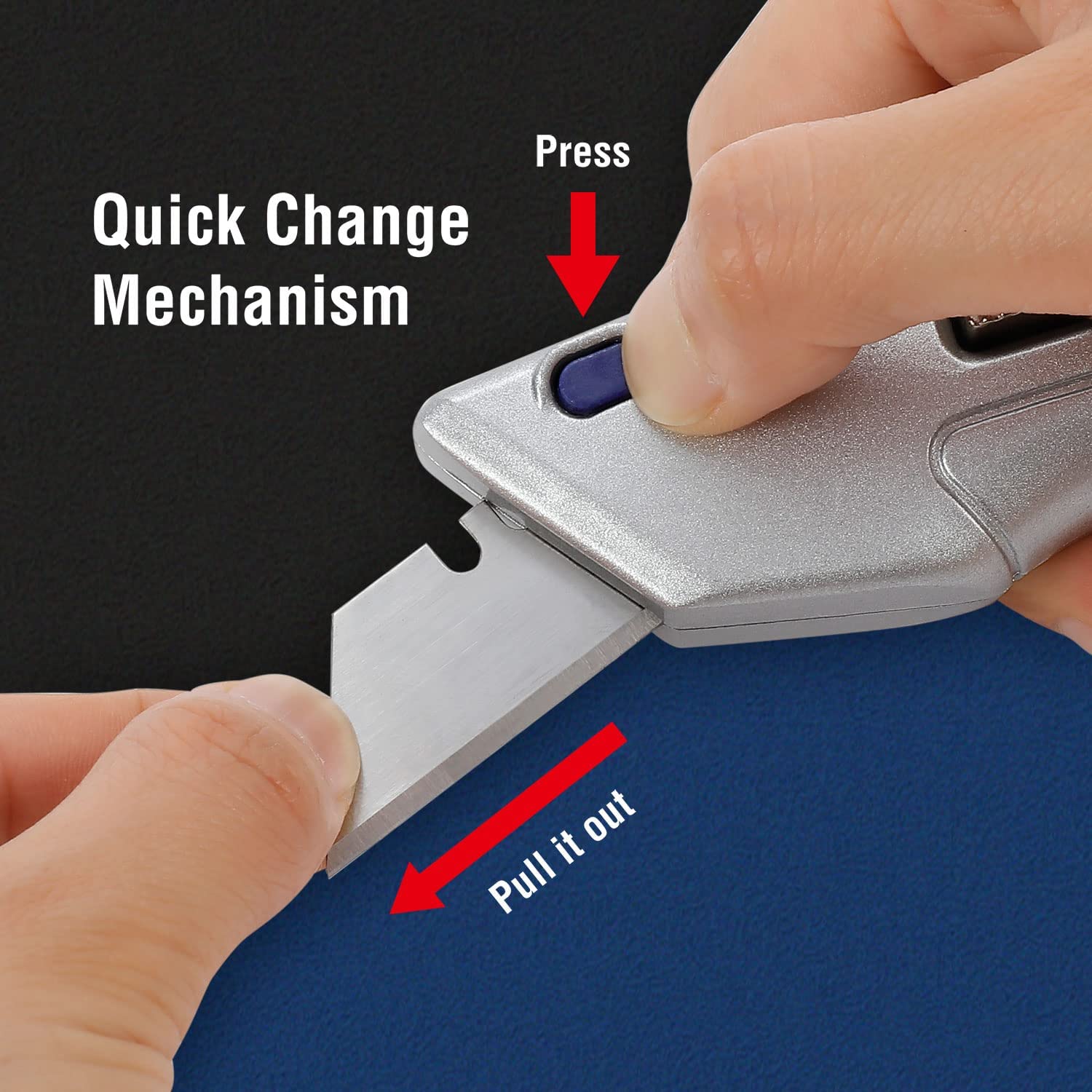 Retractable utility knife showing quick change blade area with pull-out direction