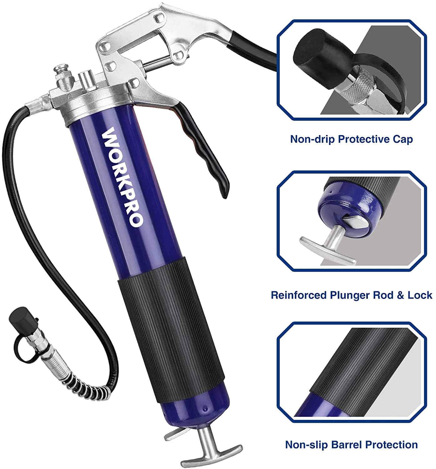 WORKPRO grease gun with non-drip protective cap and reinforced plunger rod, blue and black