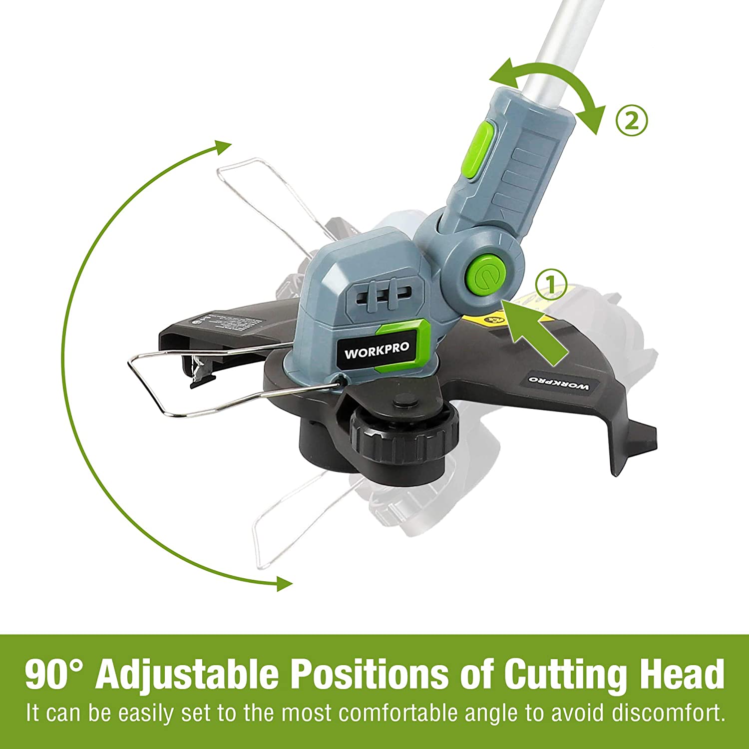 Cordless string trimmer with adjustable cutting head at multiple positions