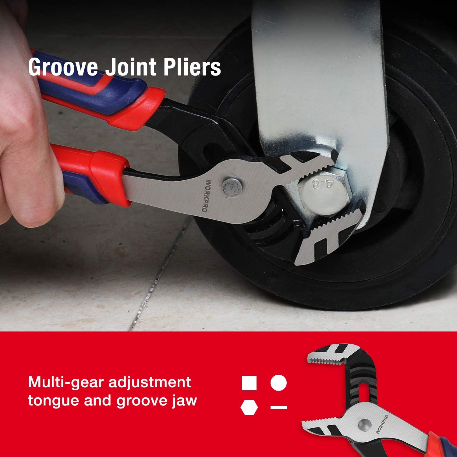 Groove joint pliers with red and blue grips, gripping a round metal pipe