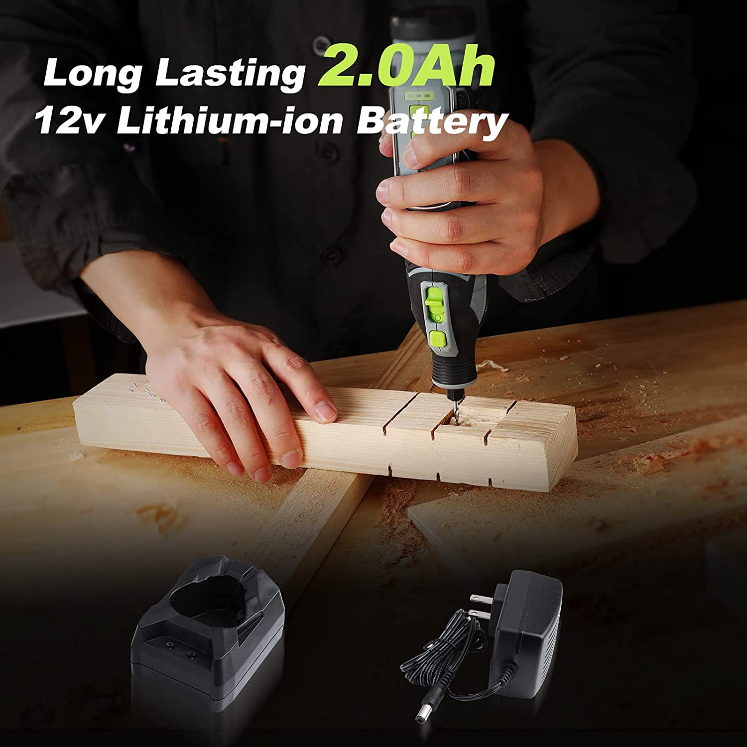 Cordless rotary tool with 12V lithium-ion battery drilling into wood