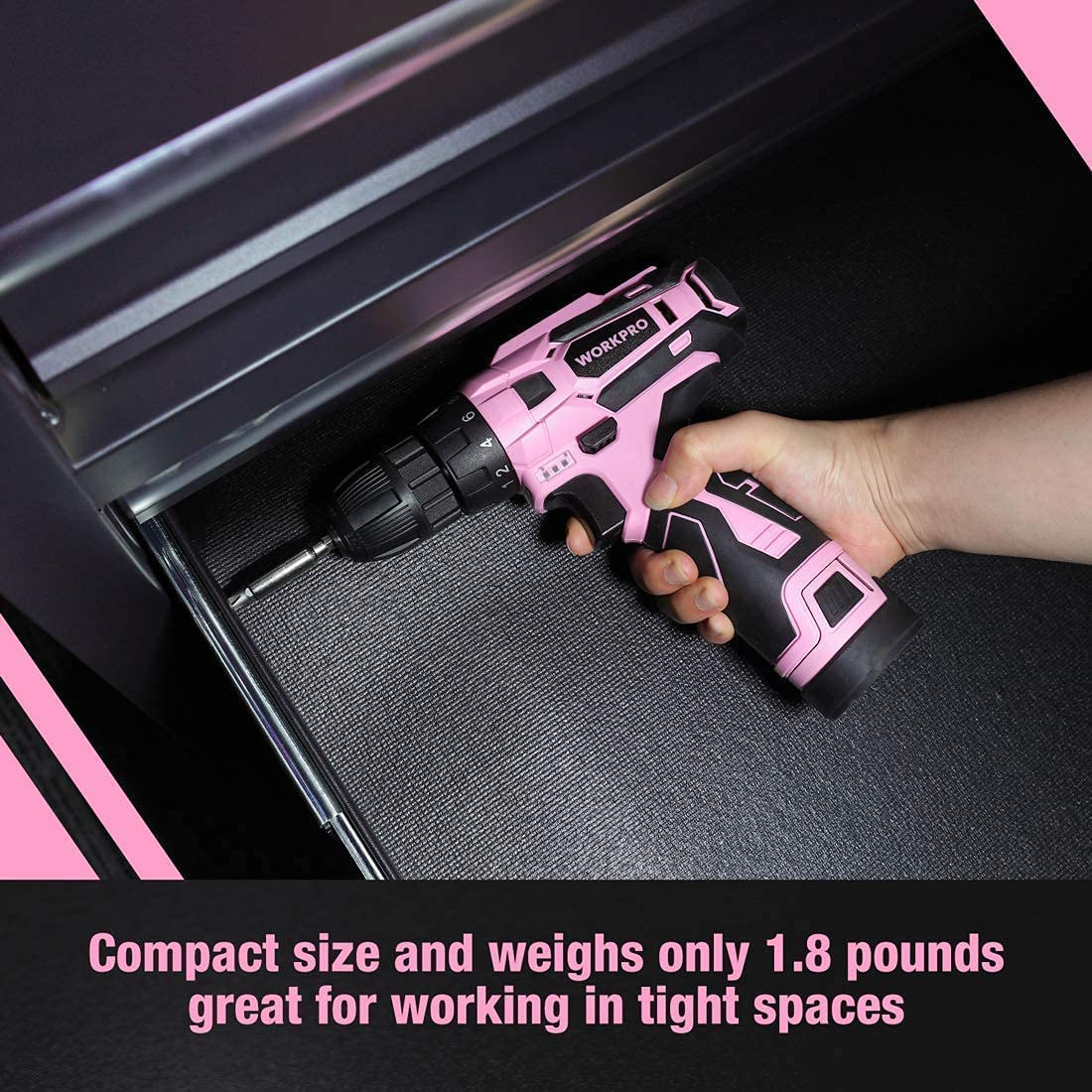 WORKPRO Cordless Drill Driver Set 12V Electric Screwdriver Tool Kit in pink with secure trigger LED work light