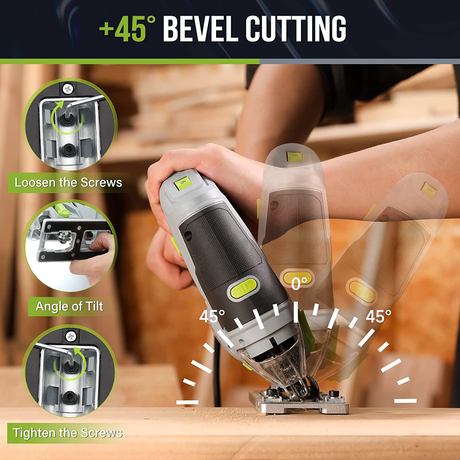 Corded electric jigsaw showing tilt-adjustable base for bevel cutting on wood