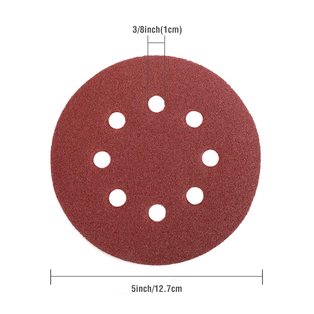 Red 5-inch sanding disc with seven circular holes pattern
