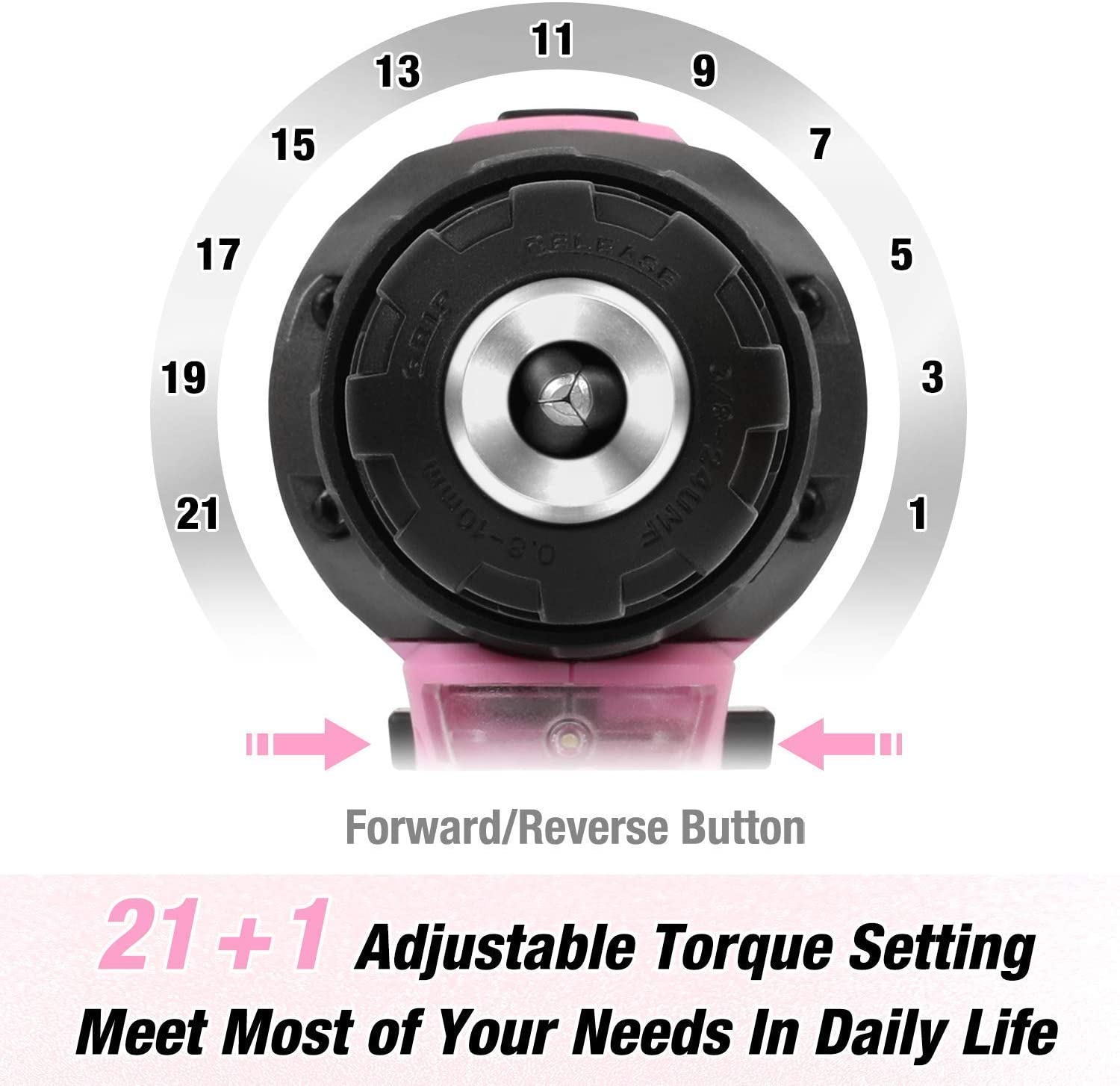 Pink cordless drill driver with forward/reverse button and adjustable torque ring