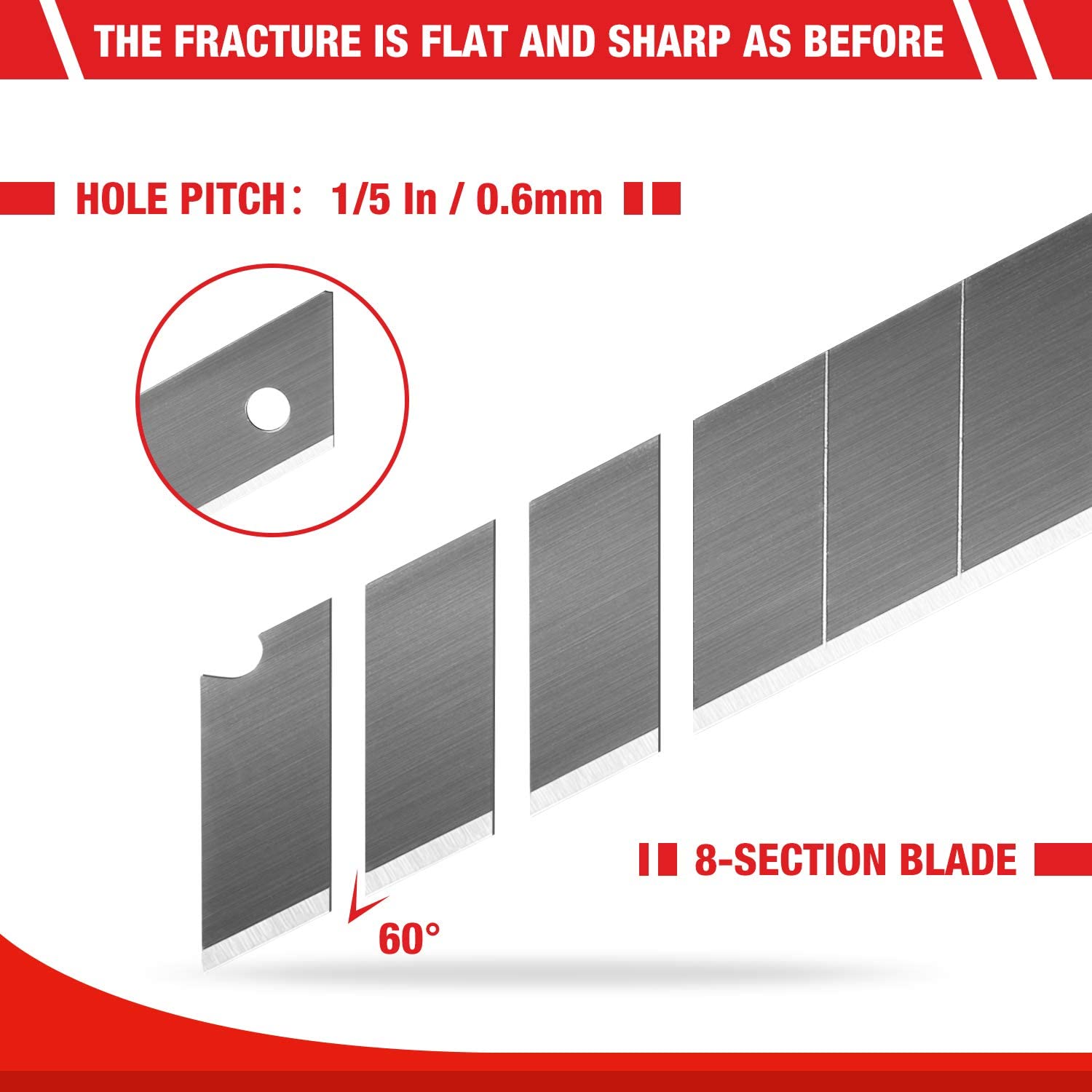 8-section snap-off replacement blade segments, gray metal with round mounting hole