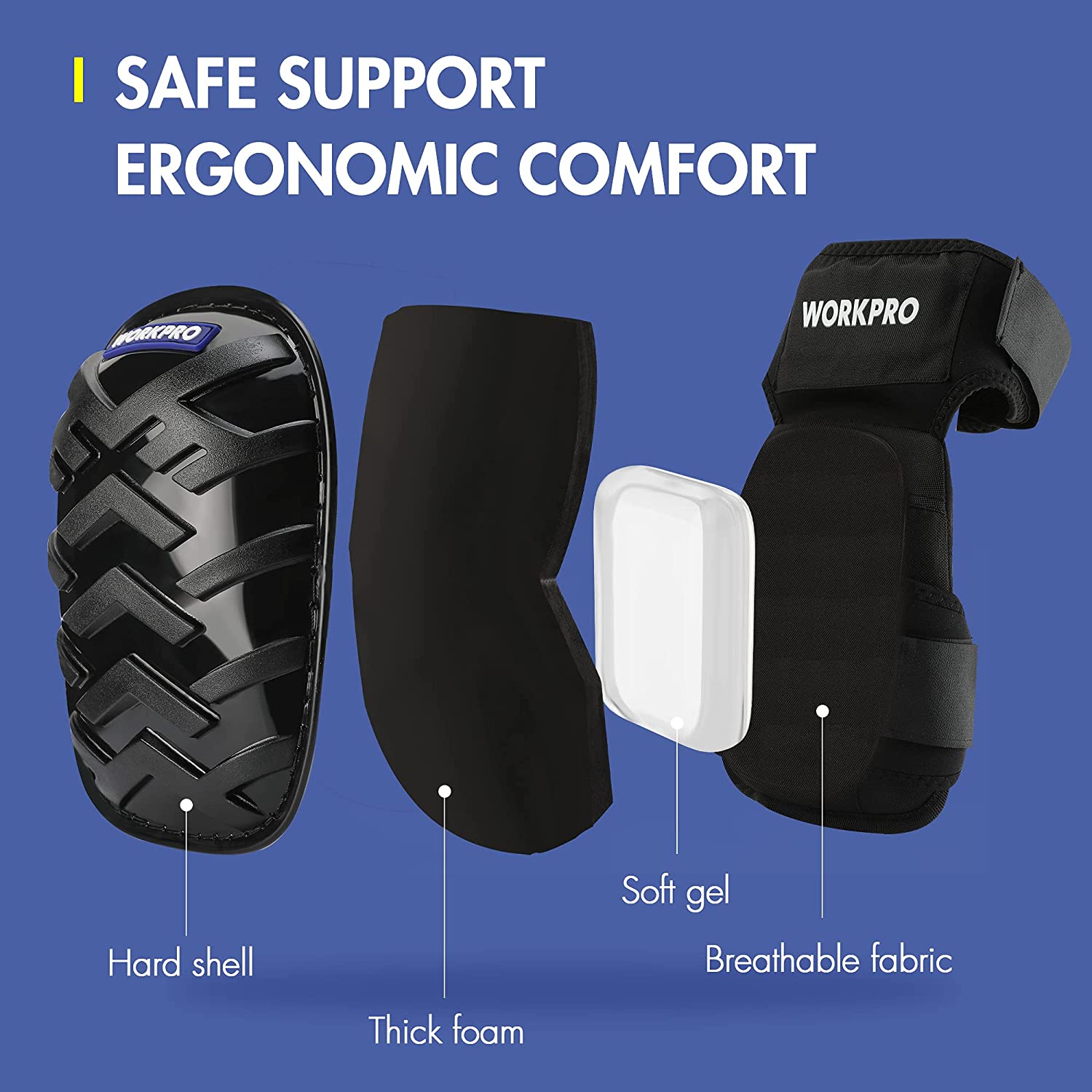 Black knee pad set with hard shell and gel insert, shown in three angles