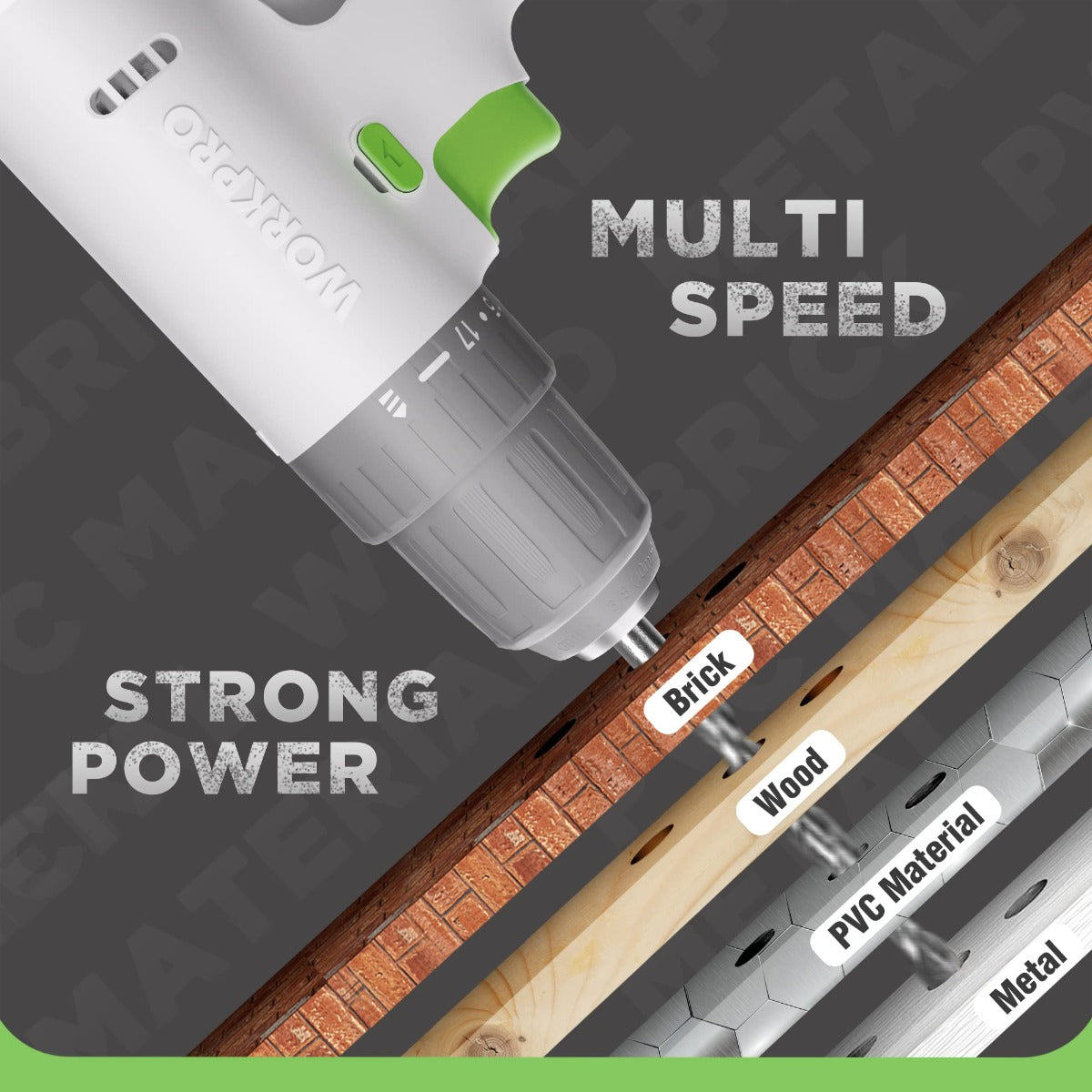 White 12V cordless drill driver with multi-speed design, bit drilling into wood and metal