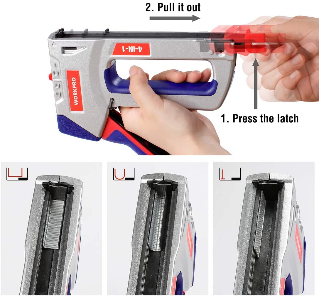 Manual staple gun with open loading channel, hand pressing the latch to load