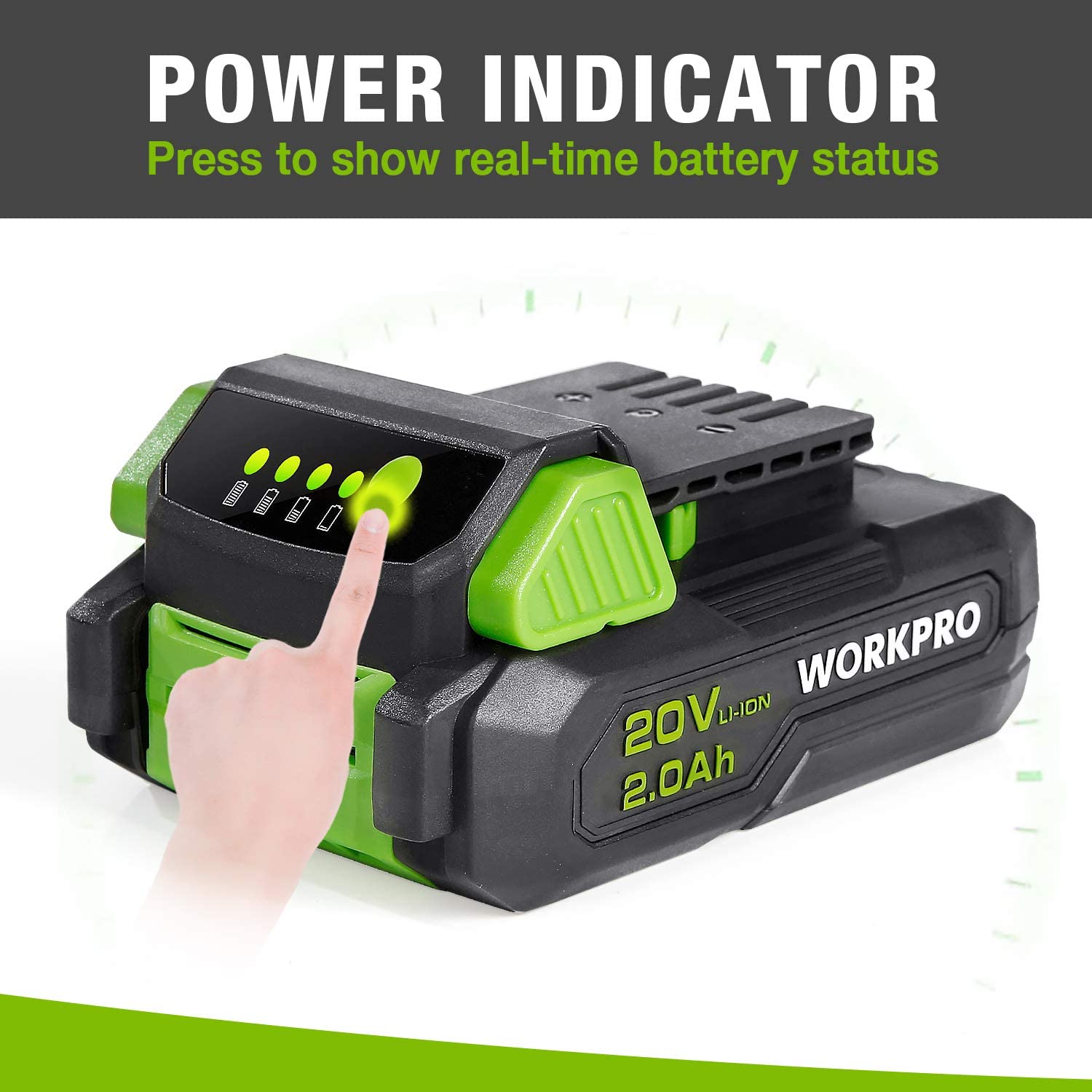 WORKPRO 20V 2.0Ah lithium-ion battery pack with LED power indicator window, green and black