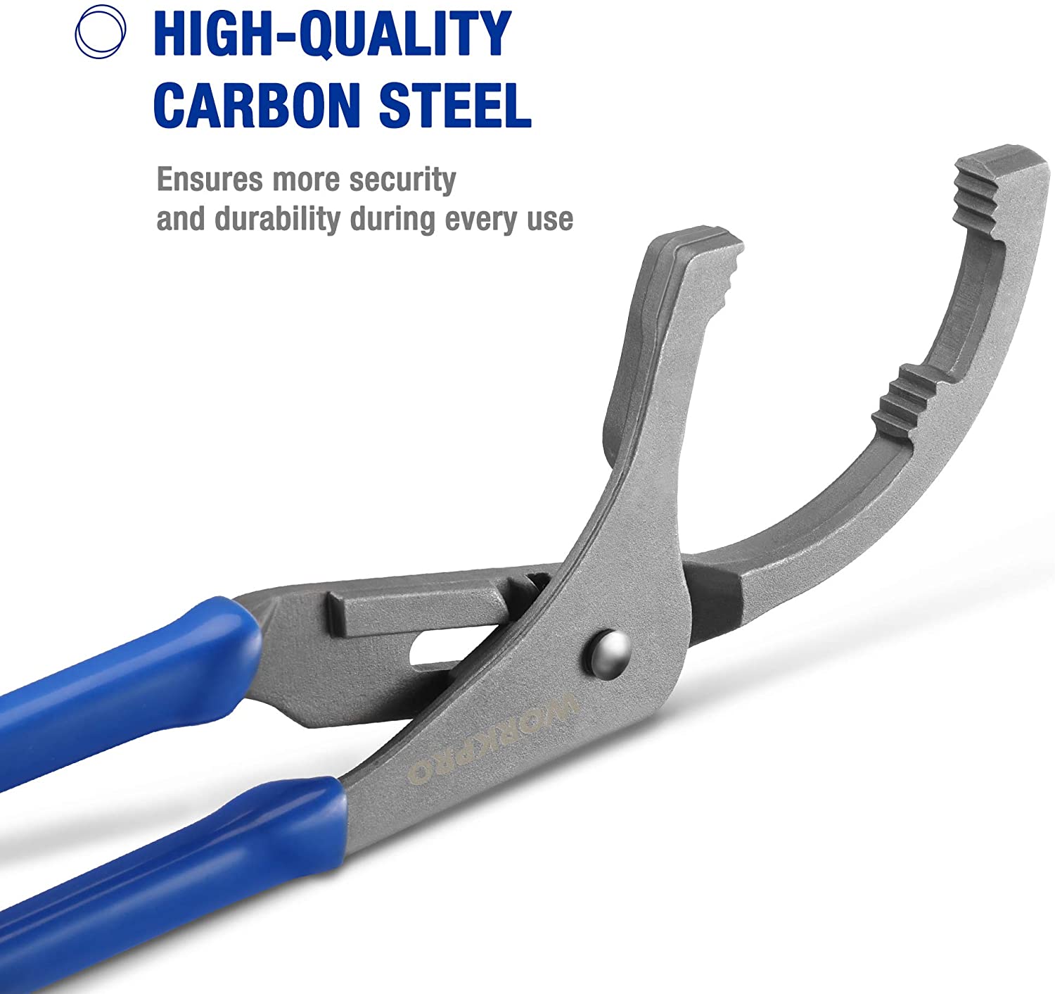 Oil filter wrench pliers with gray carbon-steel jaws and blue grip handles