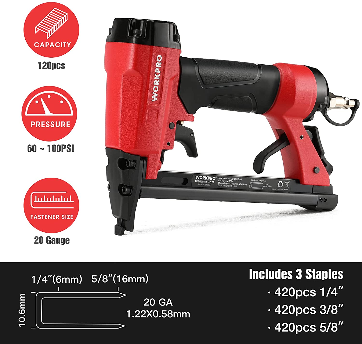 Red and black pneumatic staple gun with 20-gauge label