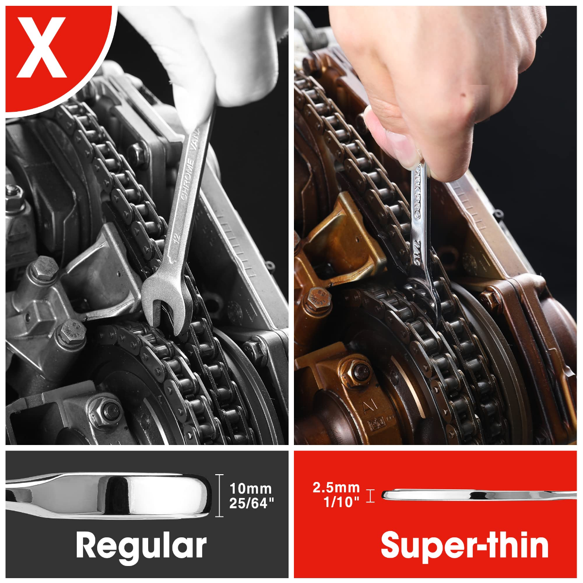 Open-end wrench profile comparison: regular thickness versus super-thin design.